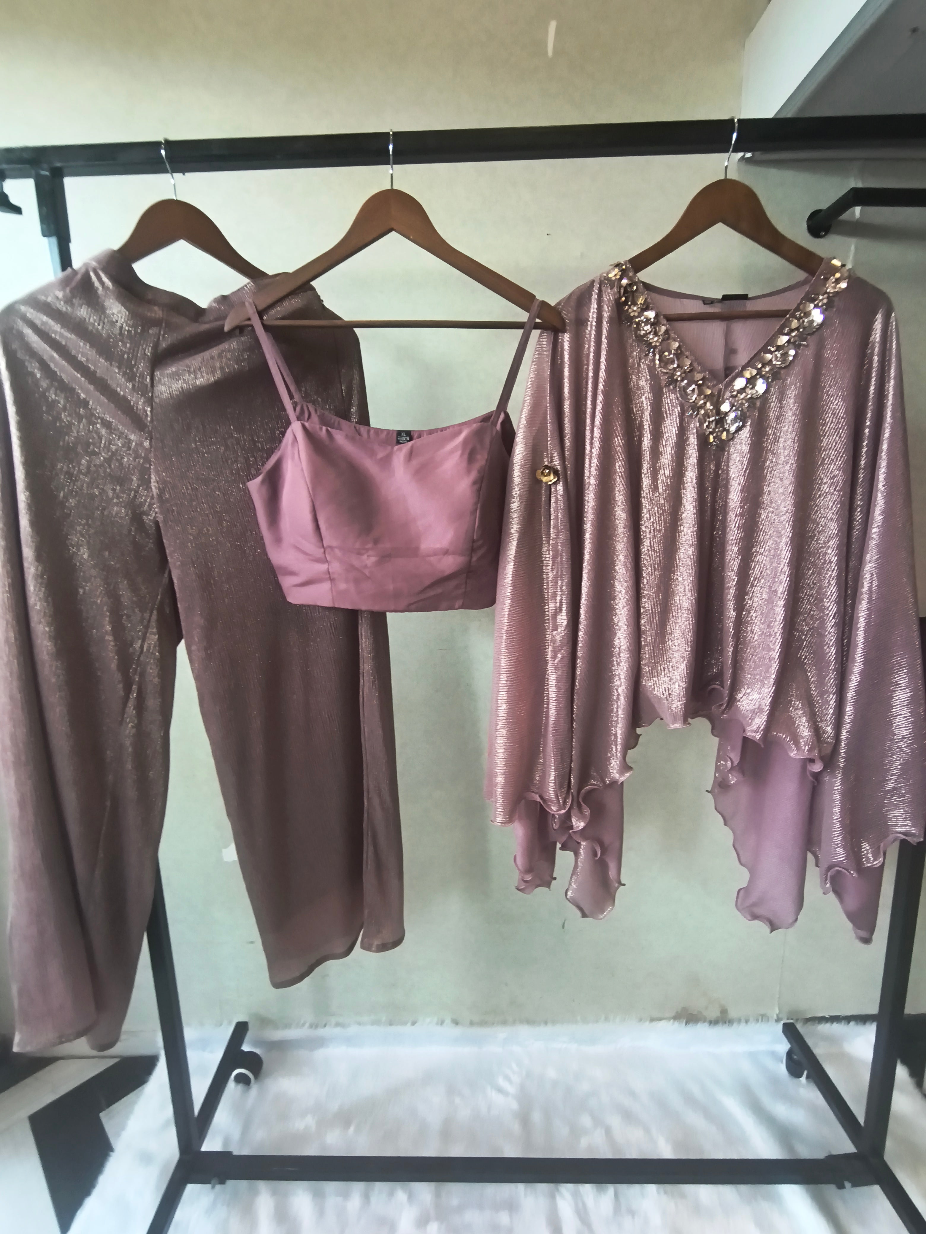 Image of Premium Rose Gold Shimmer Kaftan Co-Ord Set with Hand Embellished Cape & Straight Pants