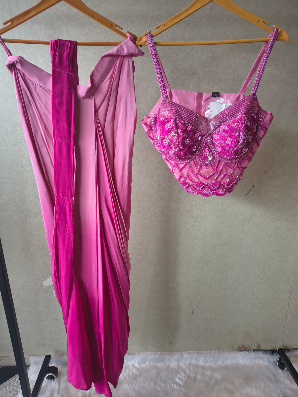 Premium Ombre Pink Satin Saree with Hand Embroidered Designer Blouse