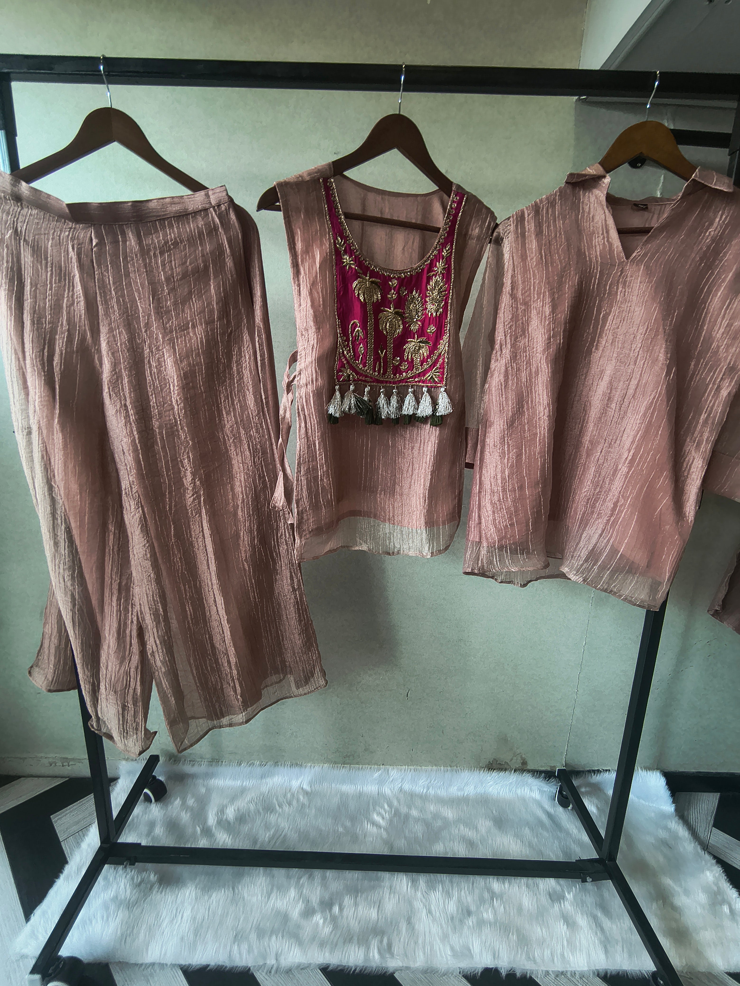 Image of Premium Rose Gold Tissue Silk 3-Piece Co-Ord Set with Hand Embellished Jacket, Inner & Palazzo
