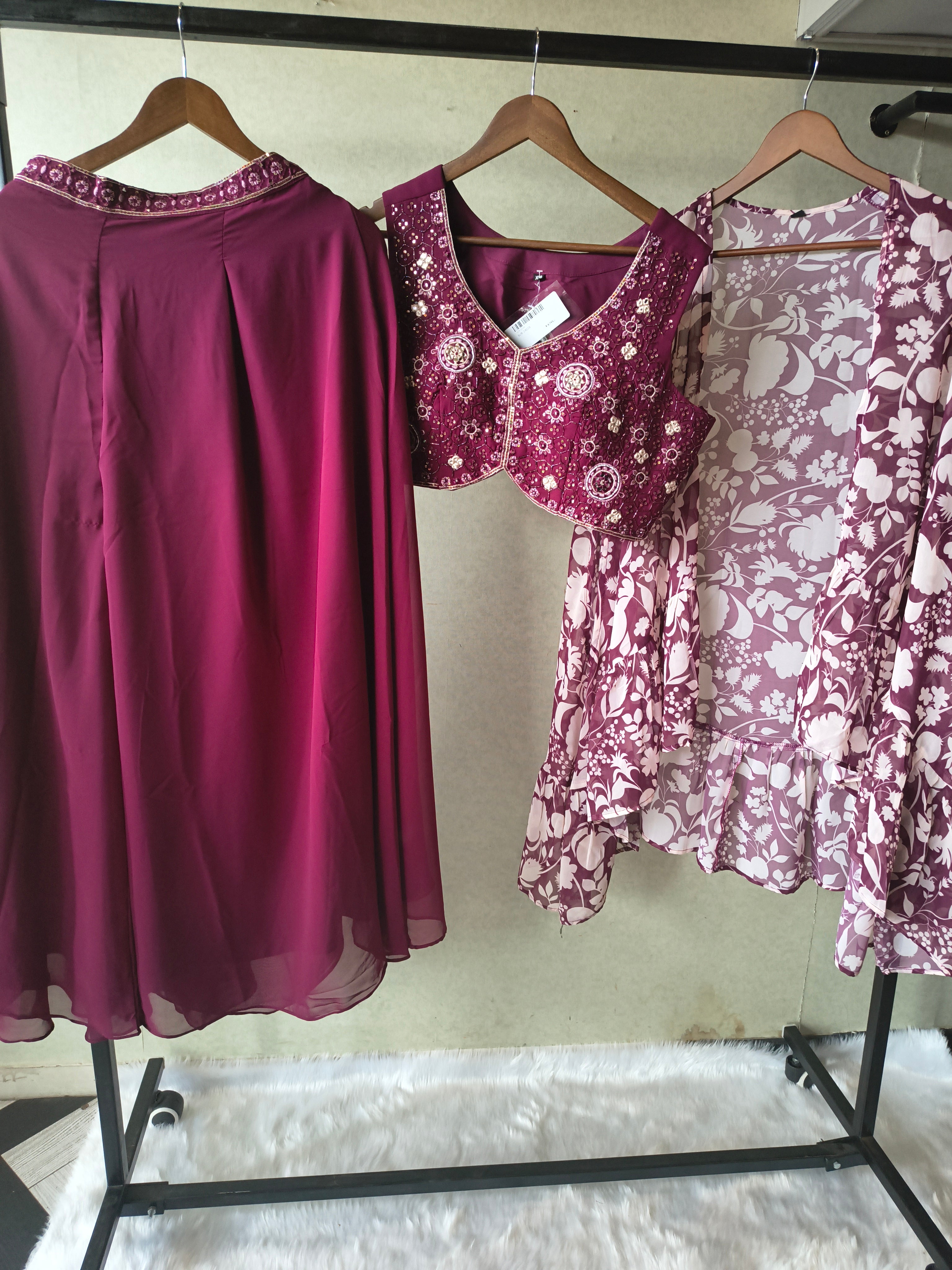 Image of Luxury Wine Embroidered Blouse with Printed Peplum Jacket & Flared Palazzo – 3 Piece Designer Indo-Western Set