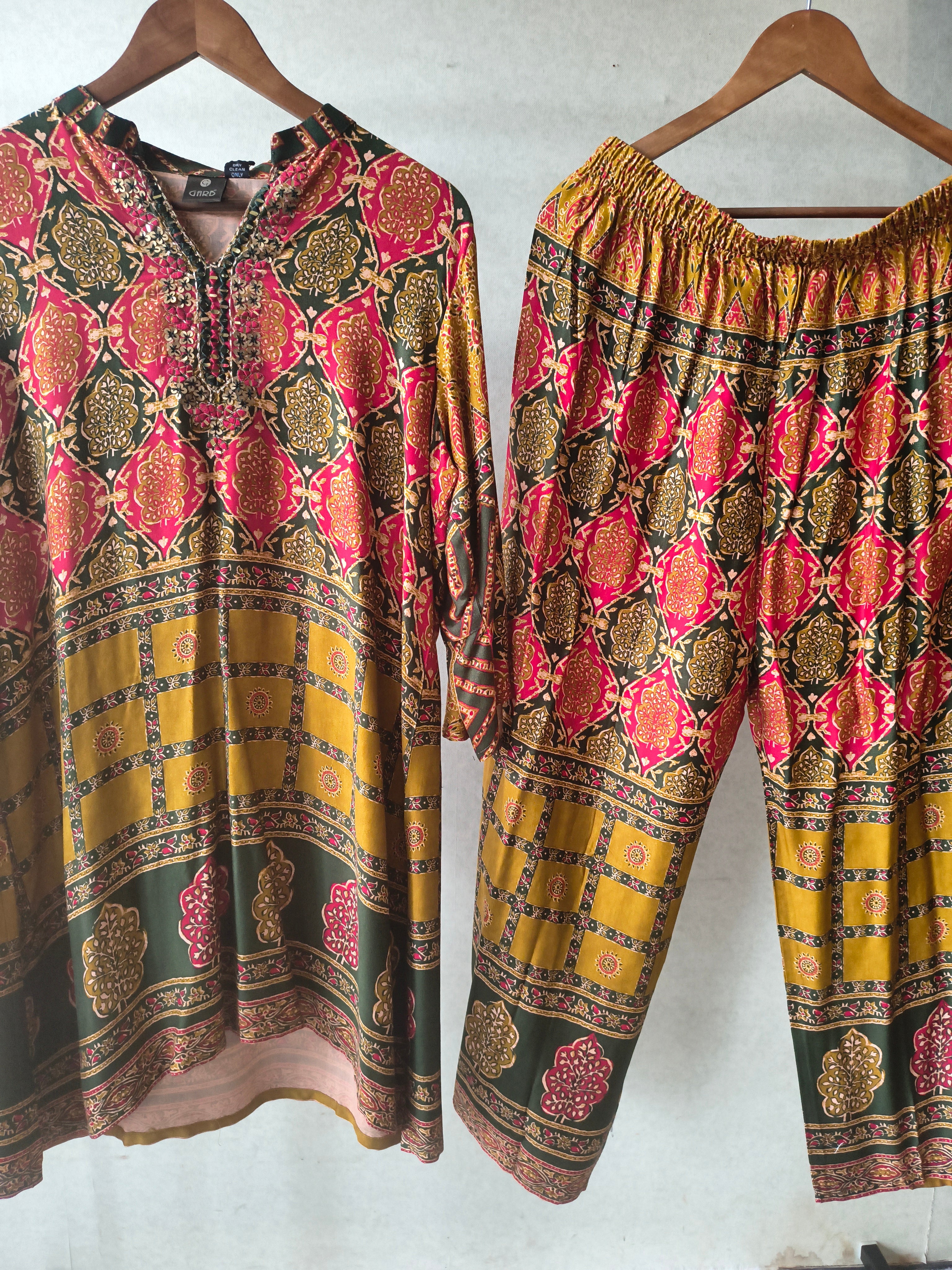 Image of Premium Olive Green & Mustard Heritage Print Co-Ord Kurta Set with Straight Pants