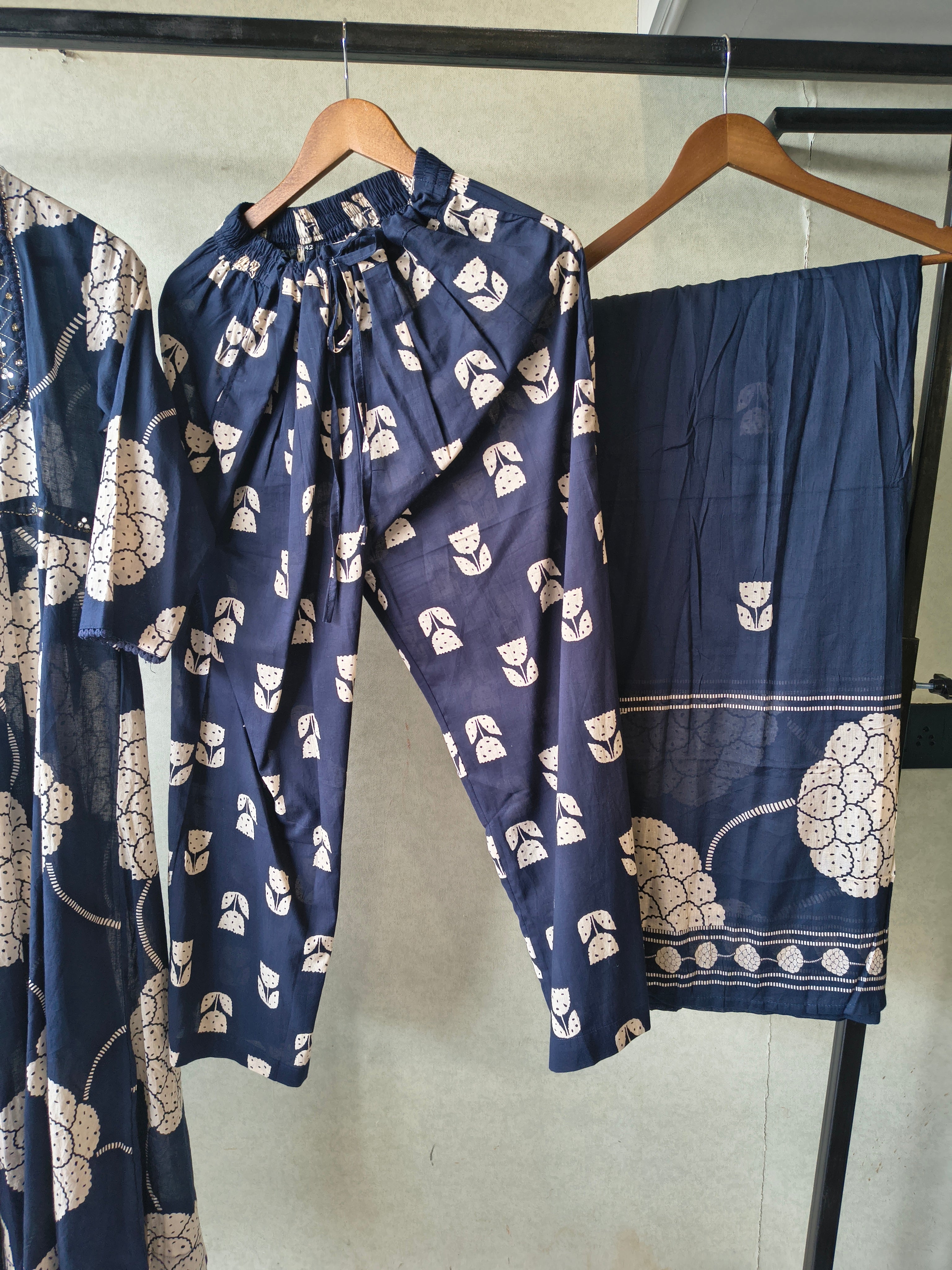 Image of Premium Navy Blue Handblock Printed Cotton Anarkali Suit Set with Printed Pants & Dupatta