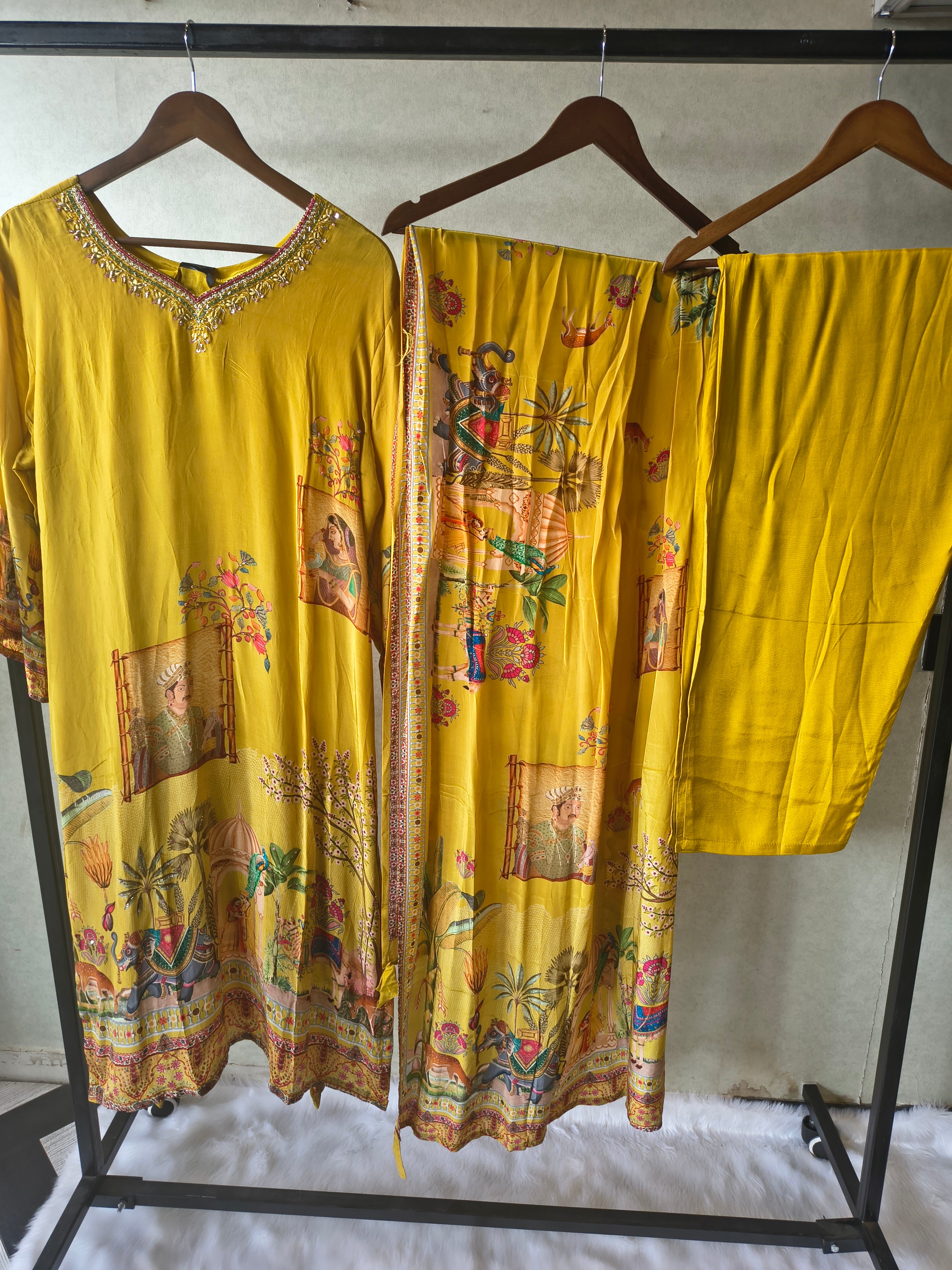 Image of Premium Mustard Yellow Heritage Print Straight Kurta Set with Scenic Dupatta & Straight Pants