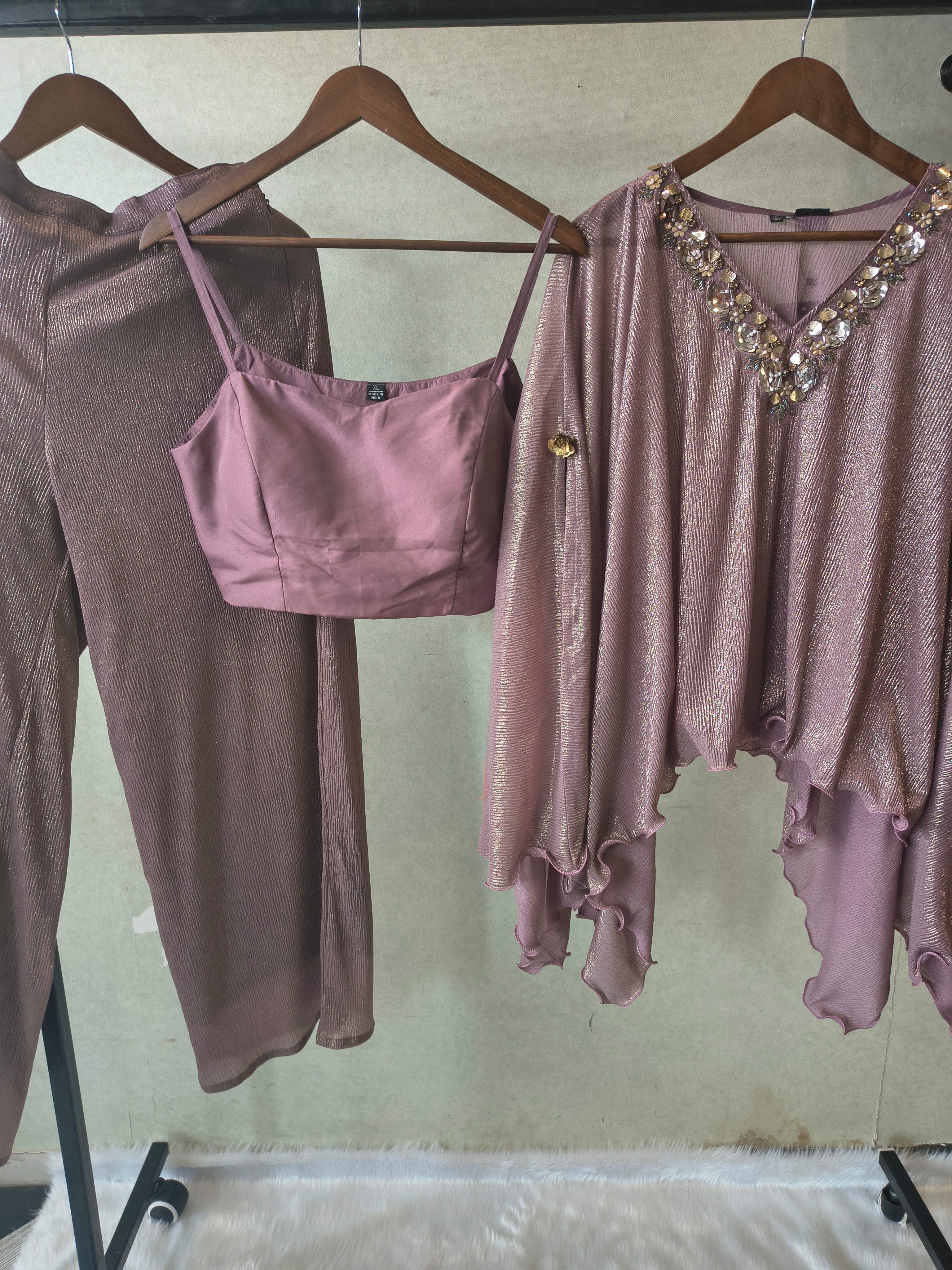 Image of Premium Rose Gold Shimmer Kaftan Co-Ord Set with Hand Embellished Cape & Straight Pants