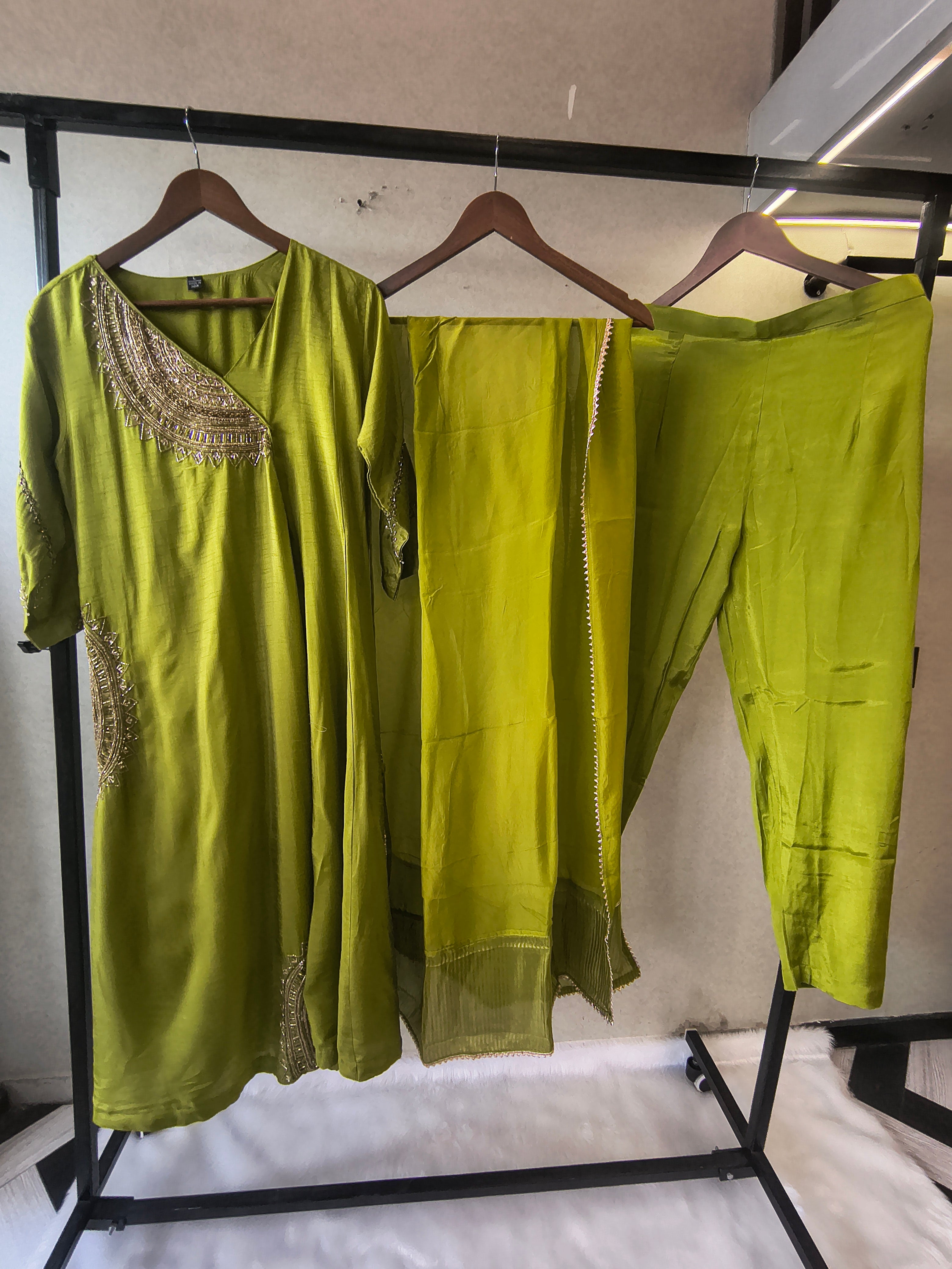 Image of Lime Green Hand-Embroidered Designer Kurta Set with Organza Dupatta | Premium 3 Piece Ethnic Suit