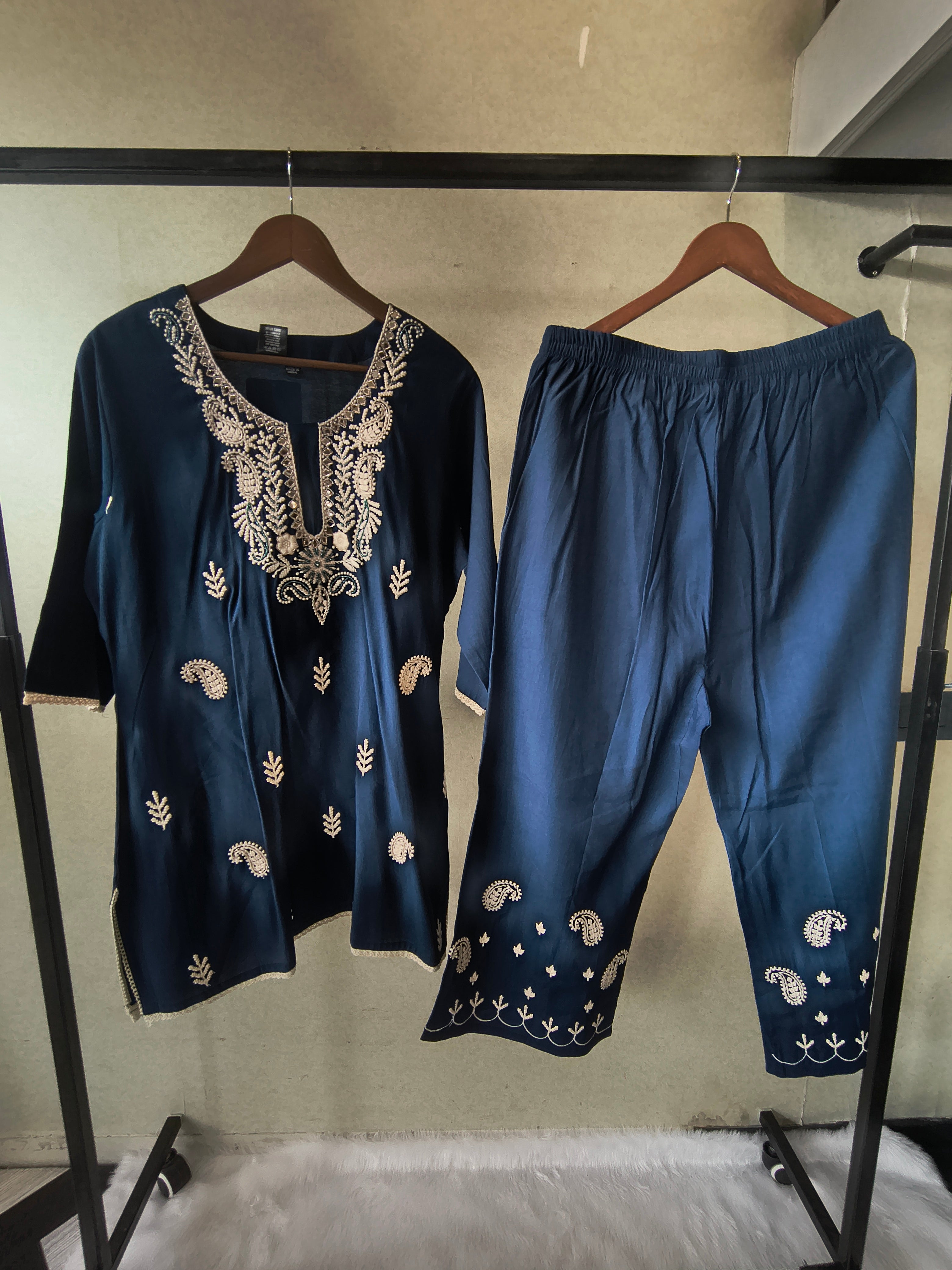 Image of Premium Navy Blue Embroidered Kurta Set with Designer Pants