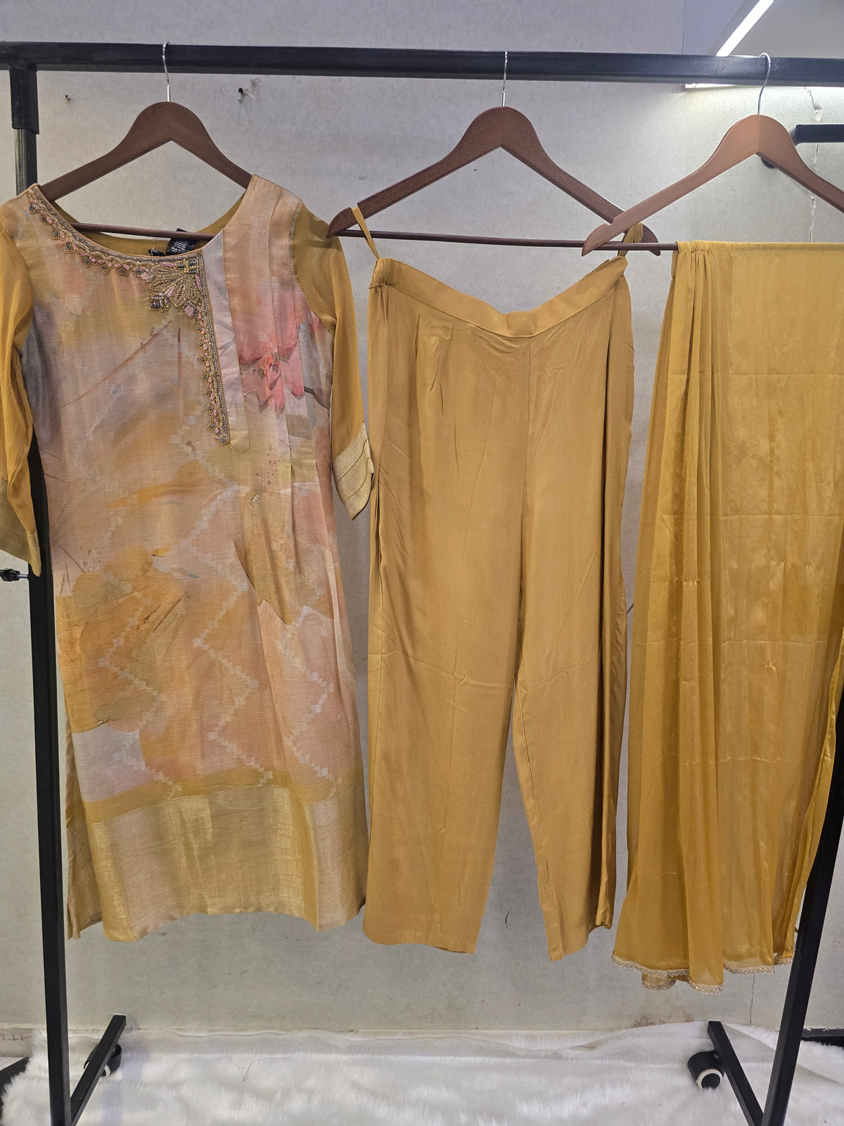 Mustard Abstract Printed Designer Kurta Set with Chiffon Dupatta | Premium 3 Piece Ethnic Suit
