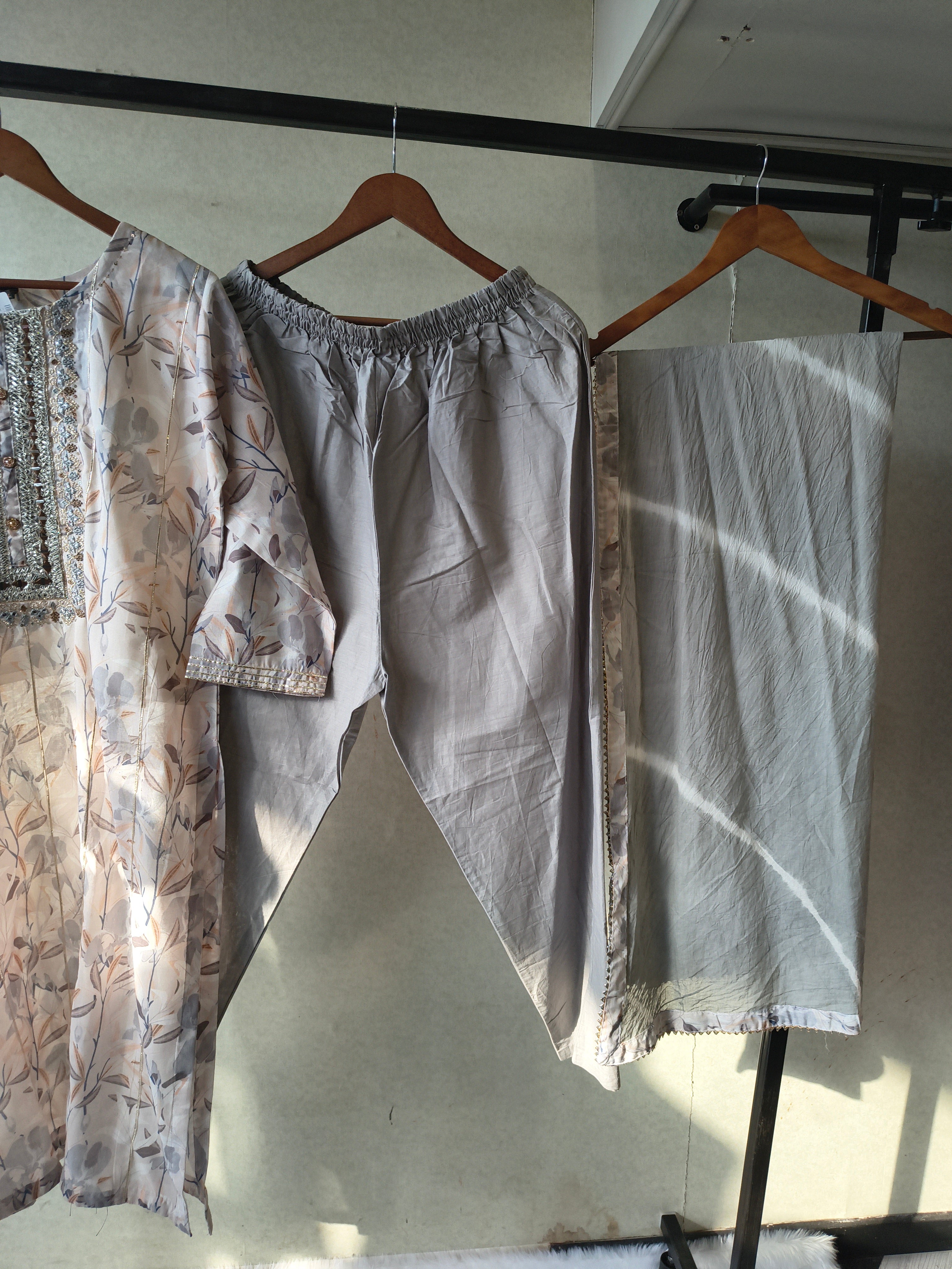 Image of Premium Pastel Floral Printed Kurta Set with Embellished Yoke & Chiffon Dupatta