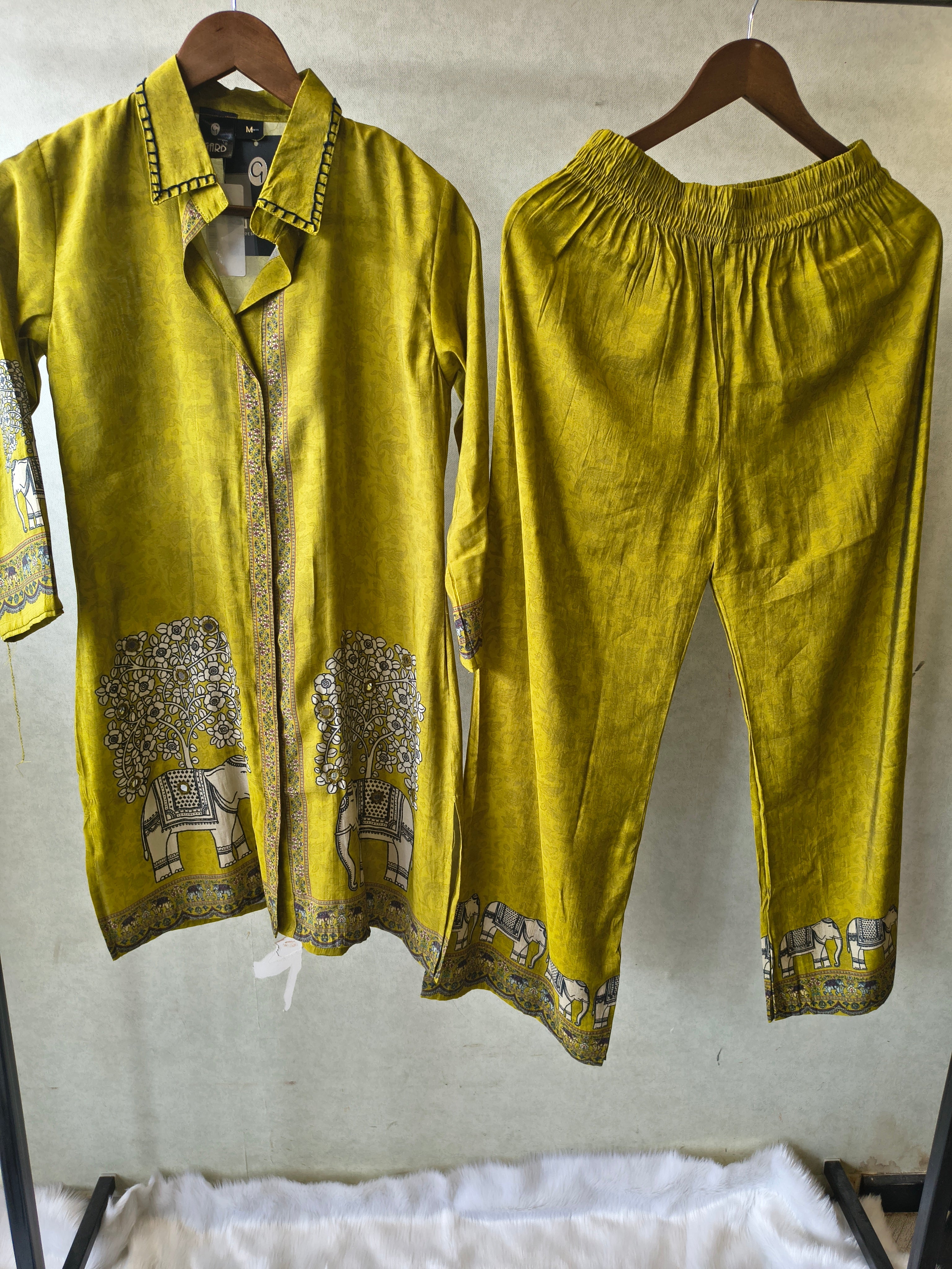 Image of Mustard Yellow Elephant Print Designer Co-Ord Set with Asymmetrical Hem