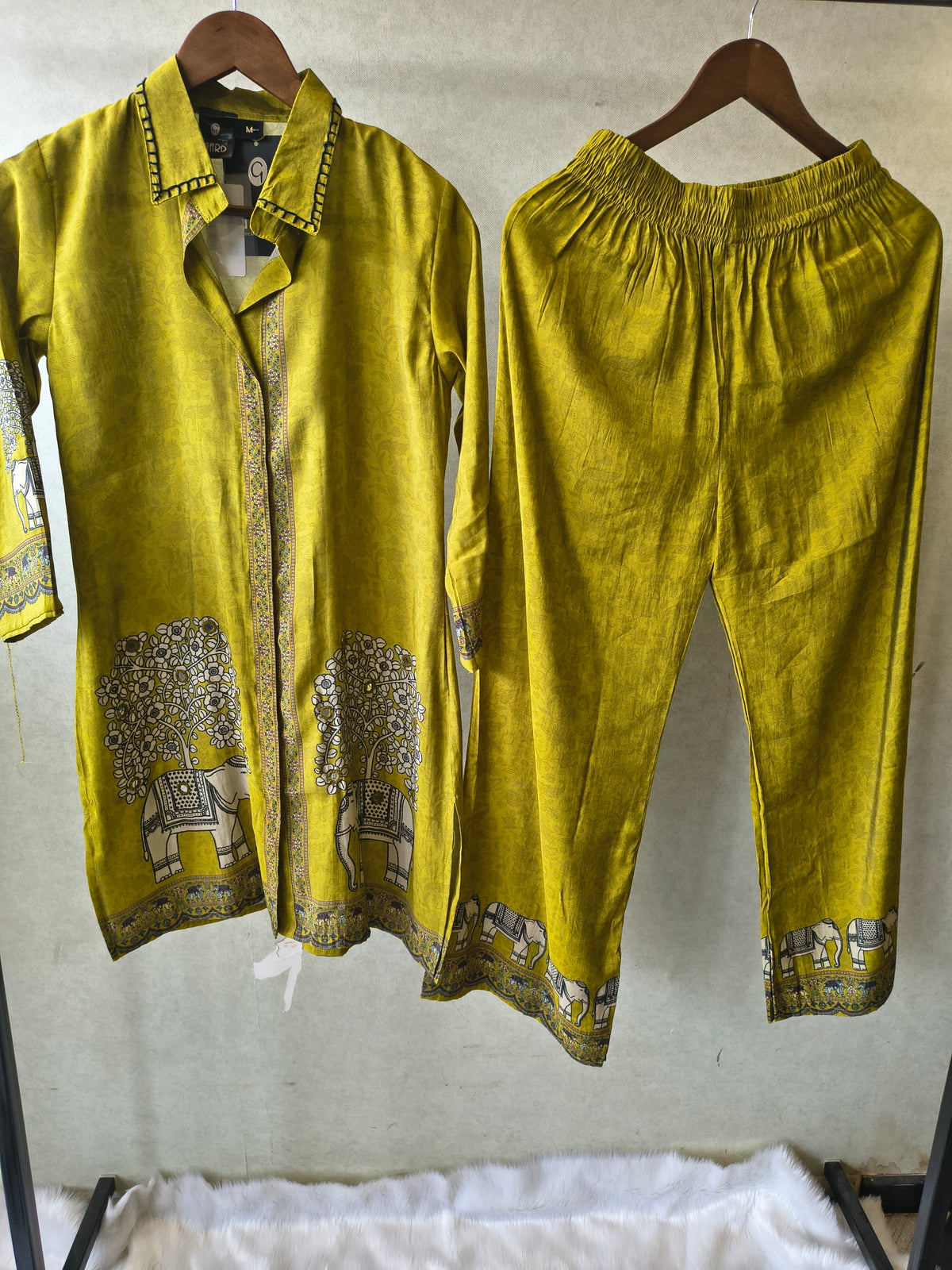 Mustard Yellow Elephant Print Designer Co-Ord Set with Asymmetrical Hem