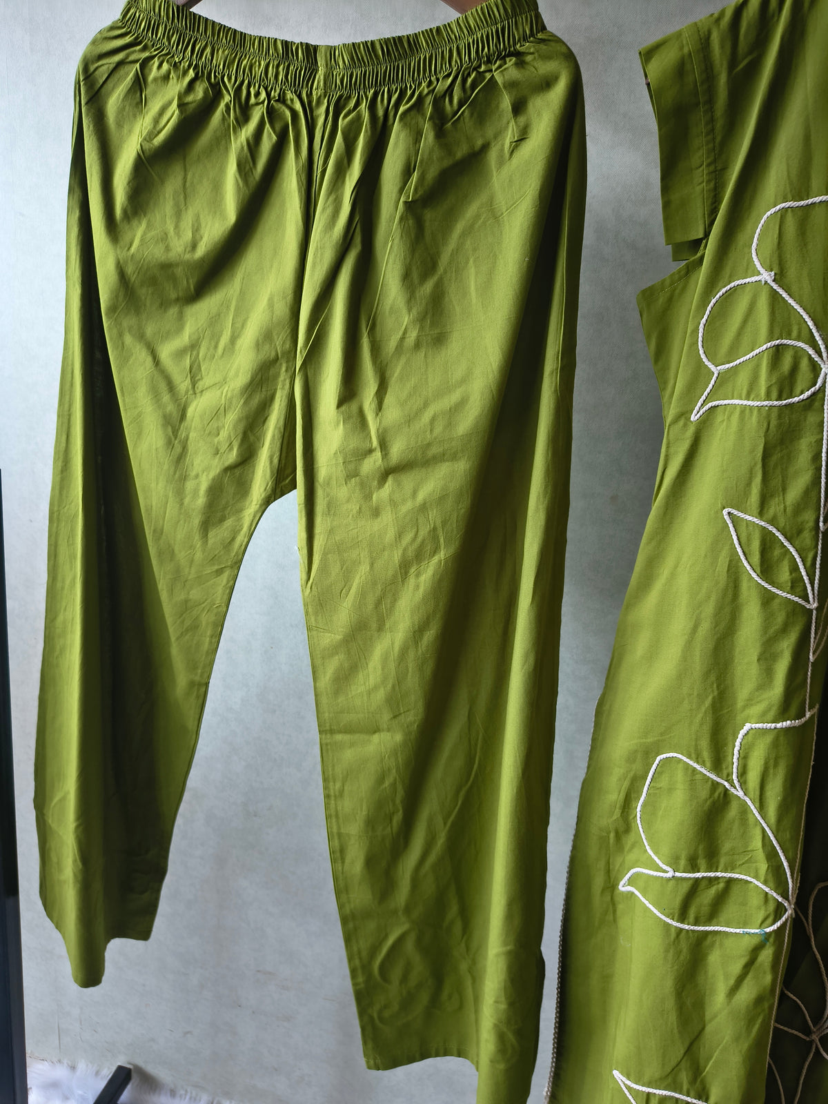 Olive Green Cotton Co-Ord Set with Abstract Floral Cord Embroidery