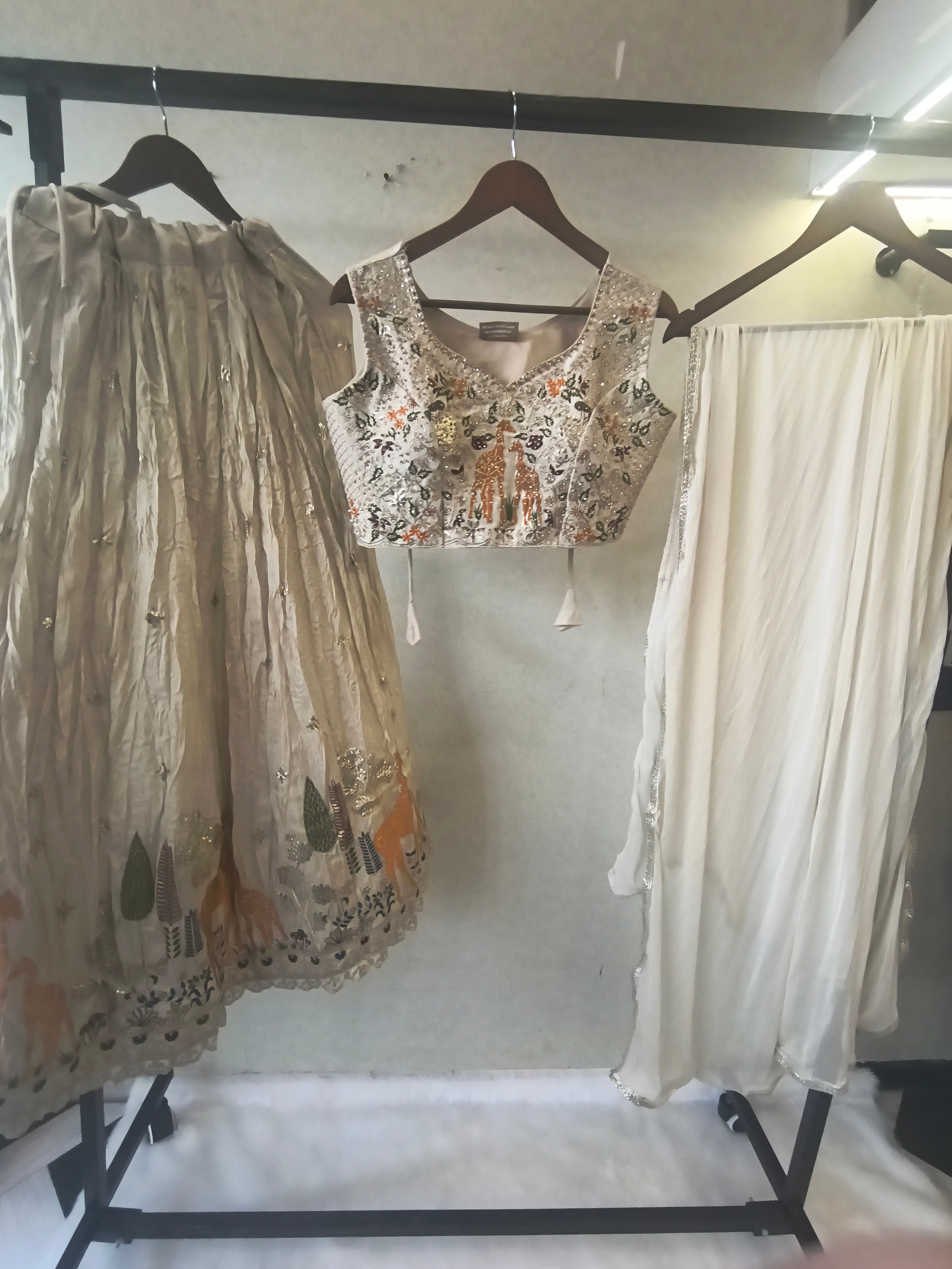 Image of Ivory Grey Hand-Embroidered Designer Lehenga Set with Statement Blouse & Soft Organza Dupatta | Premium Wedding Collection