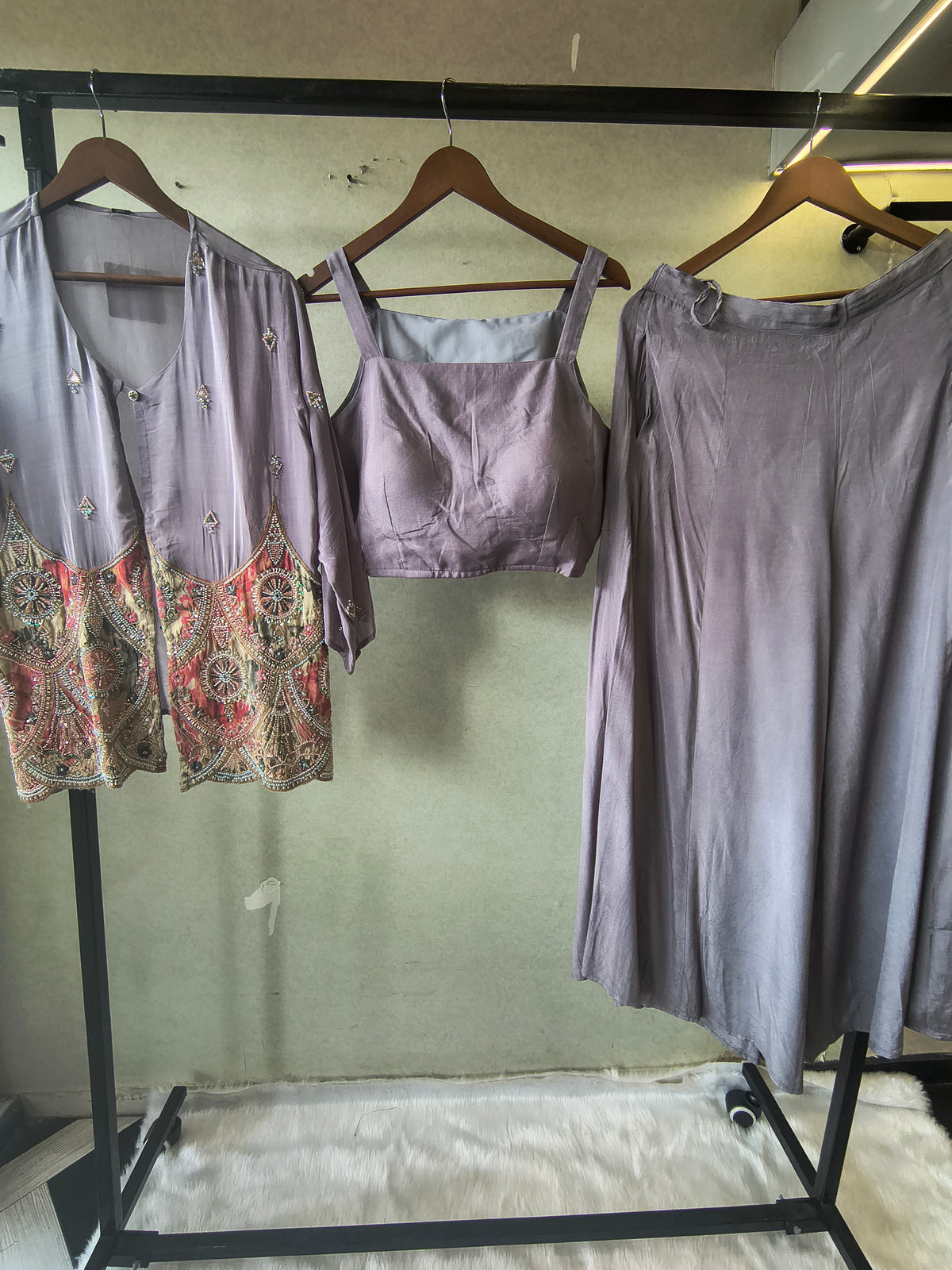 Dusty Mauve Tissue Silk Embroidered Peplum Jacket with Bustier & Flared Palazzo – 3 Piece Designer Indo-Western Set