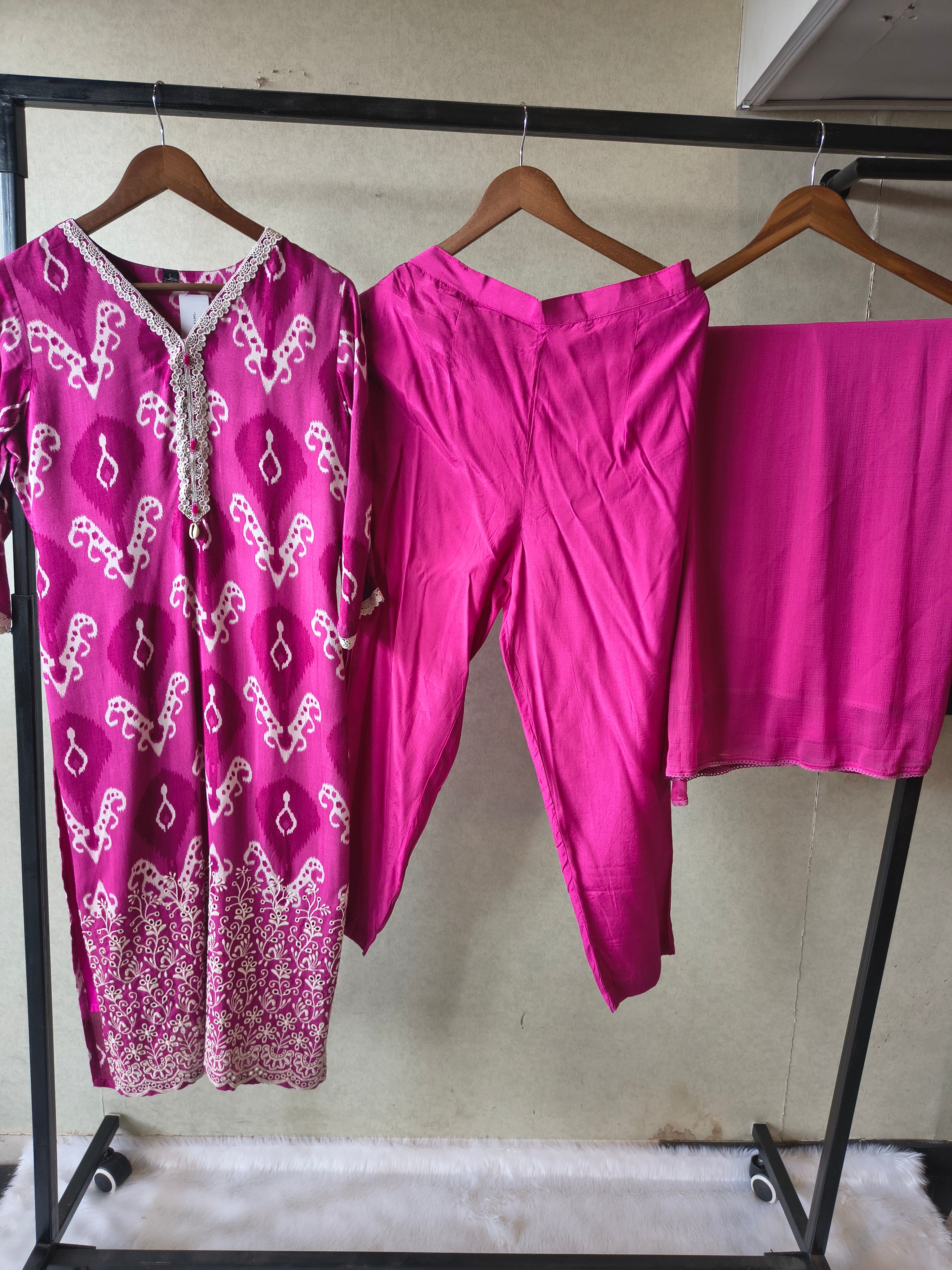 Image of Premium Magenta Ikat Printed Cotton Kurta Set with Solid Pants & Dupatta