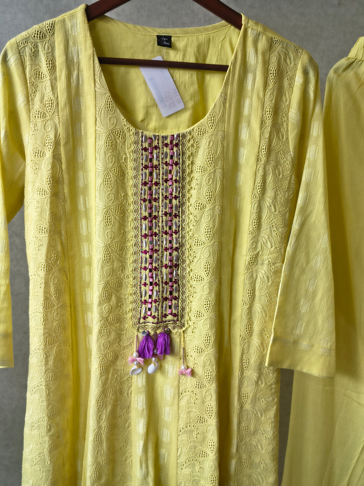 Premium Sunshine Yellow Schiffli Embroidered Kurta Set with Floral Handwork & Dupatta
