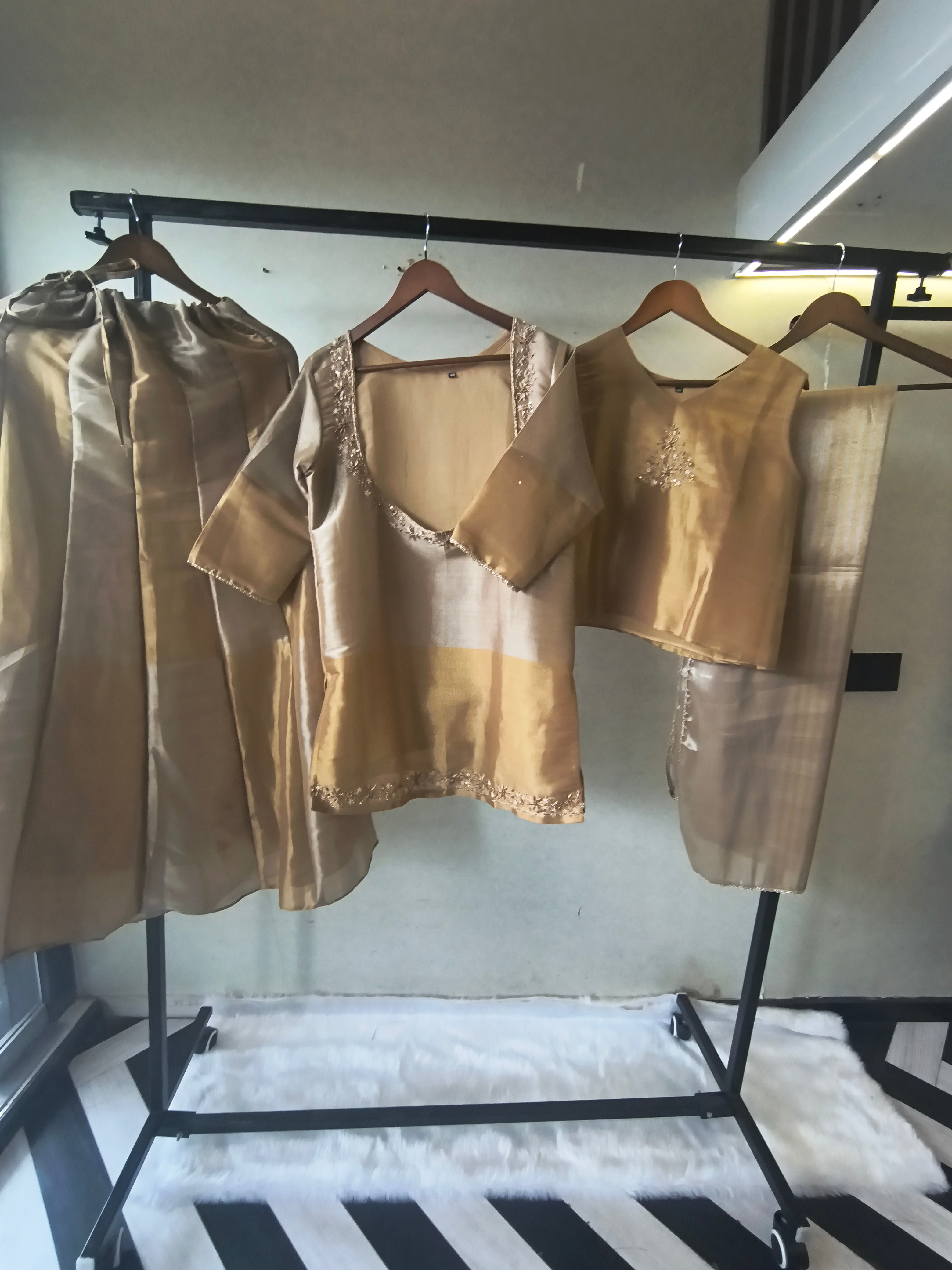 Image of Champagne Gold Tissue Silk Embroidered Layered Kurta with Inner, Palazzo & Woven Dupatta – 4 Piece Designer Festive Set