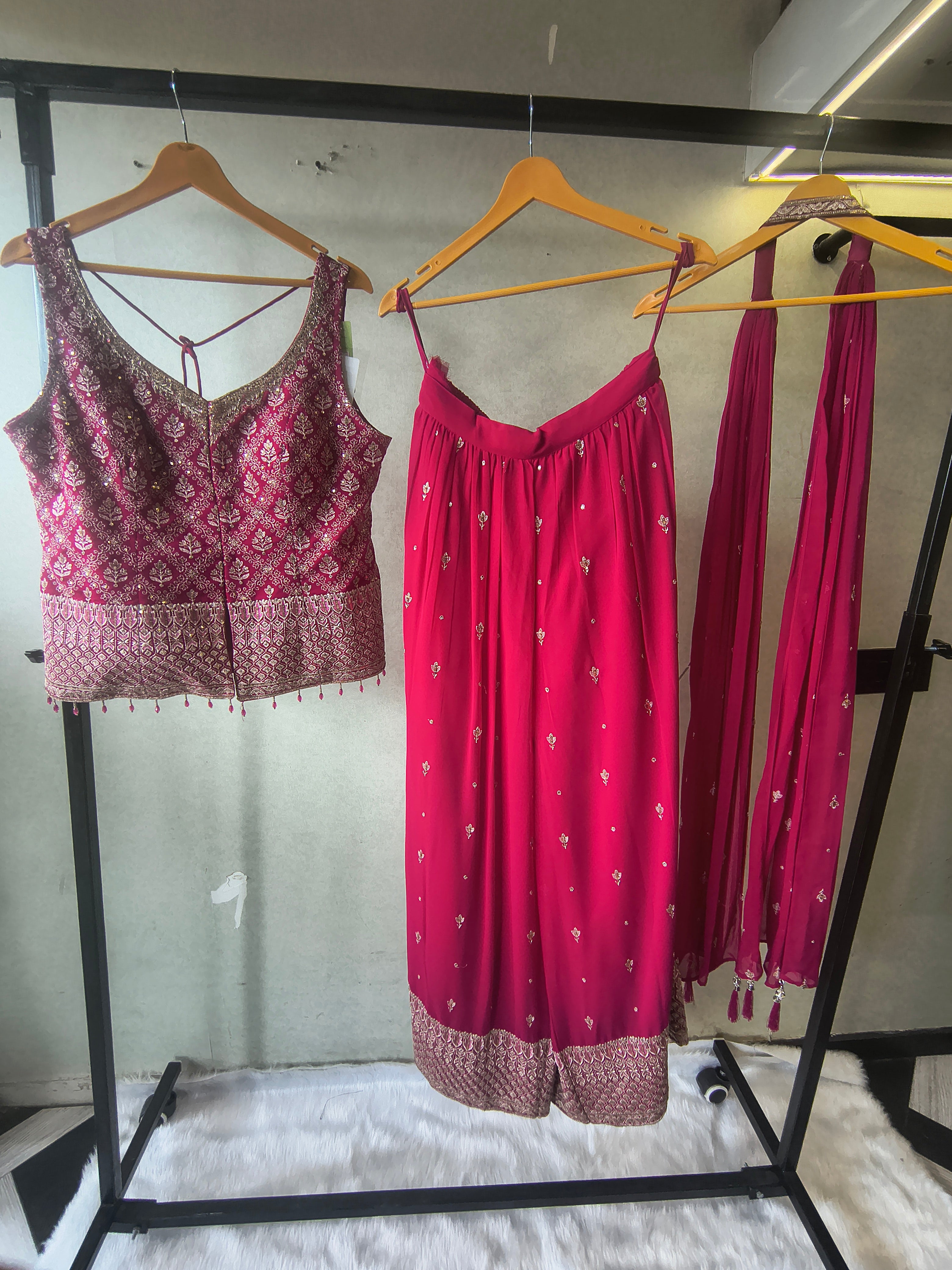 Image of Rani Pink Zari Woven Blouse with Flared Palazzo & Embellished Dupatta – Designer 3 Piece Festive Set