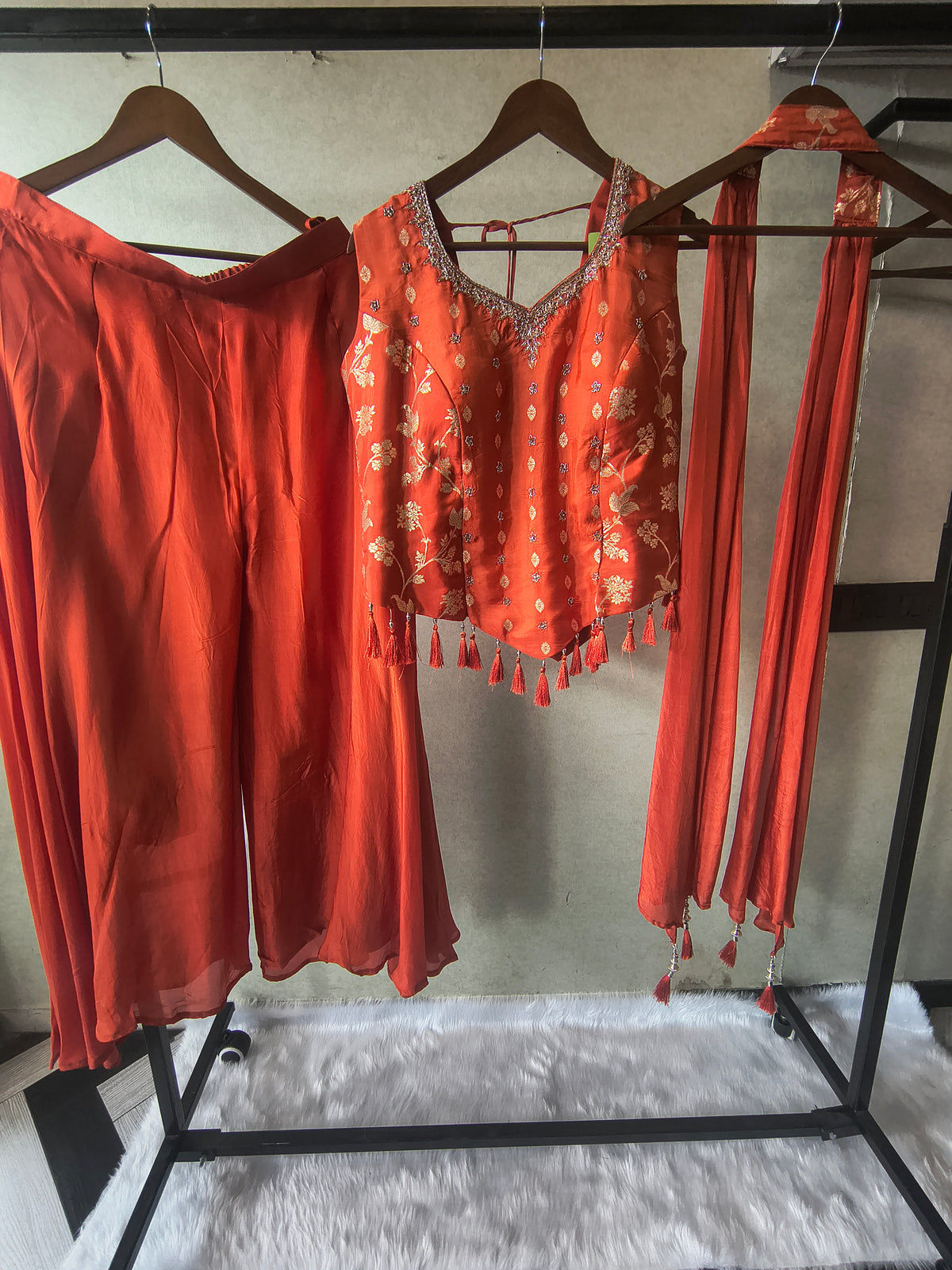 Premium Rust Orange 3-Piece Designer Lehenga Set with Zari Embroidered Peplum Blouse & Tassel Dupatta