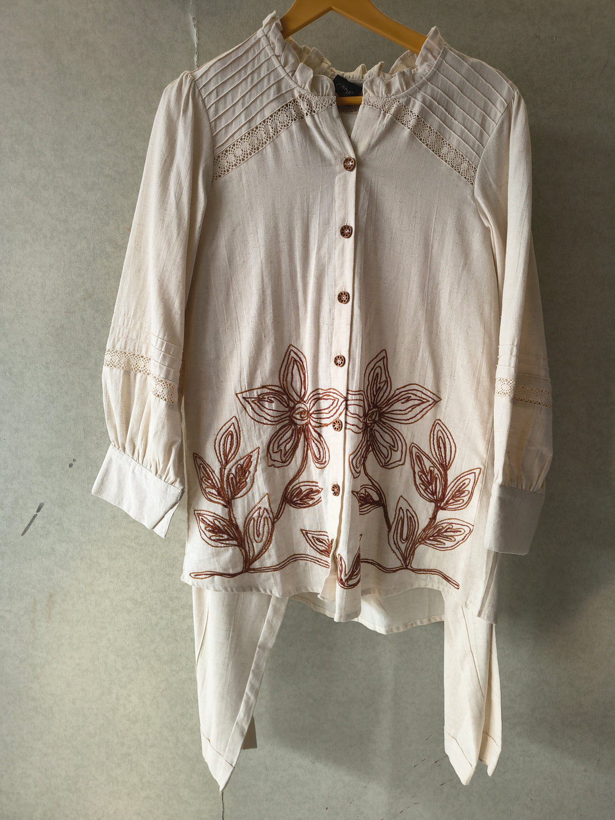 Ivory Botanical Embroidered Pintuck Designer Co-Ord Set