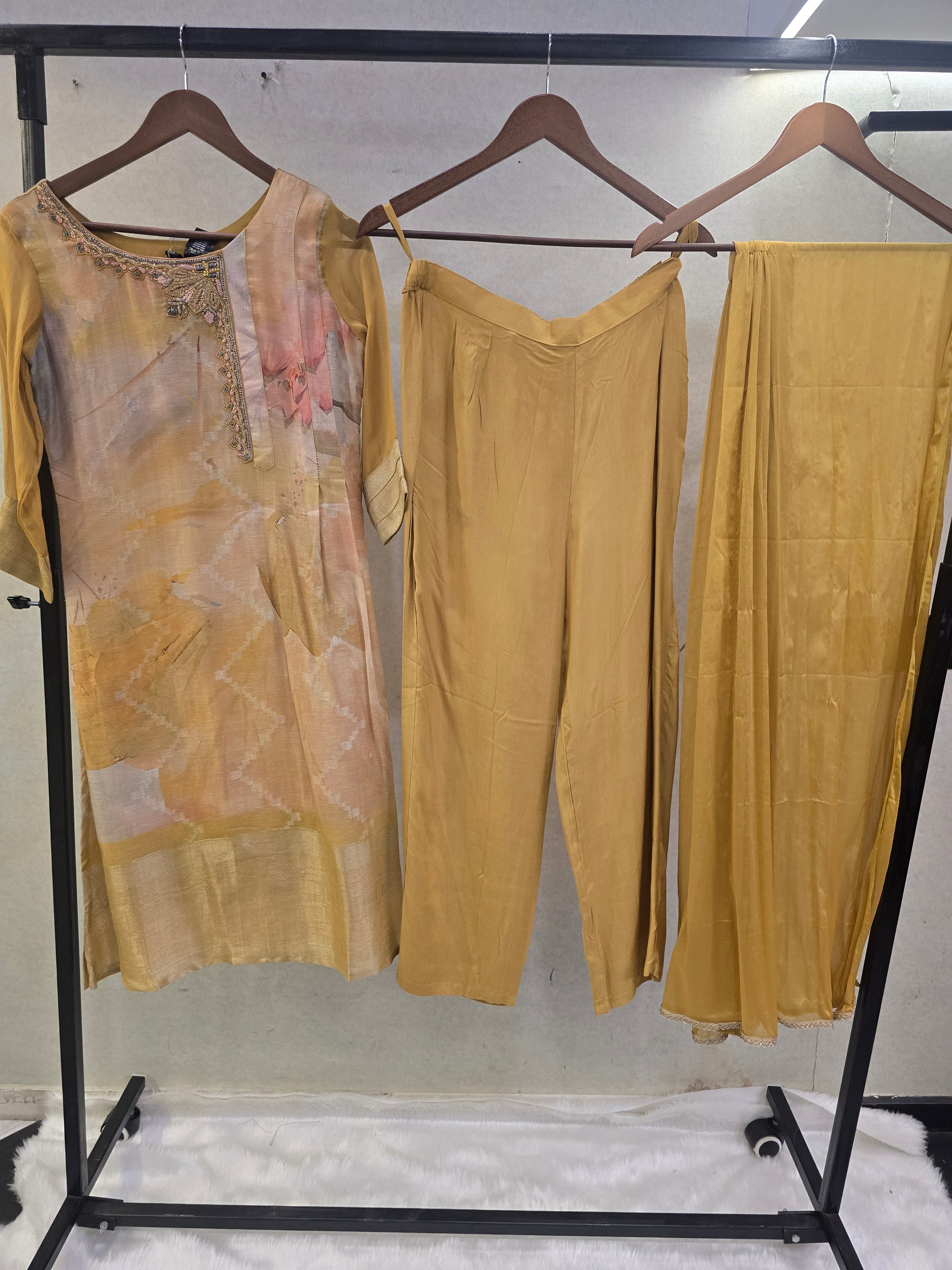 Image of Mustard Abstract Printed Designer Kurta Set with Chiffon Dupatta | Premium 3 Piece Ethnic Suit
