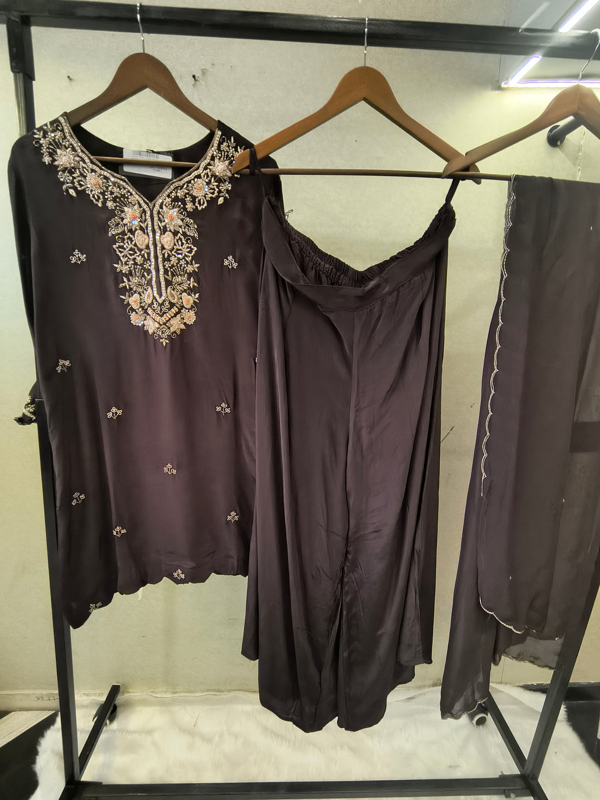 Chocolate Brown Embroidered Straight Kurta Set with Wide Palazzo & Chiffon Dupatta | Premium 3 Piece Festive Ensemble