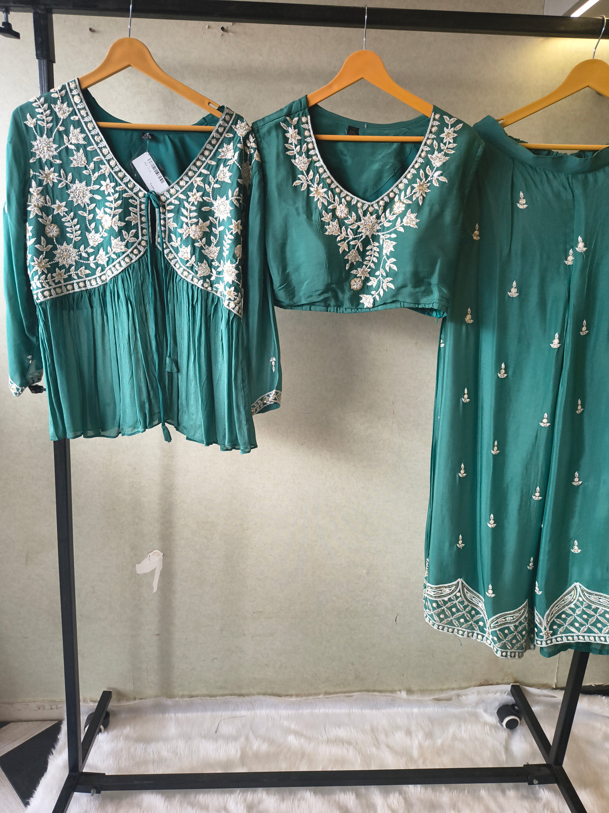 Emerald Green Embroidered Peplum Jacket with Blouse & Flared Palazzo – Designer 3 Piece Indo-Western Set