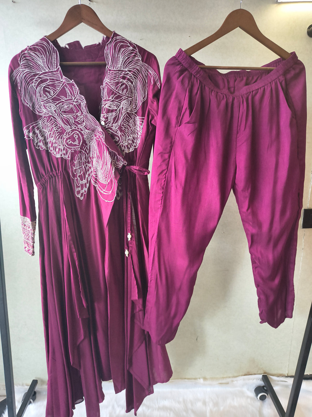 Wine Embroidered Wrap Style Indo-Western Jacket with Dhoti Pants – Designer 2 Piece Fusion Set
