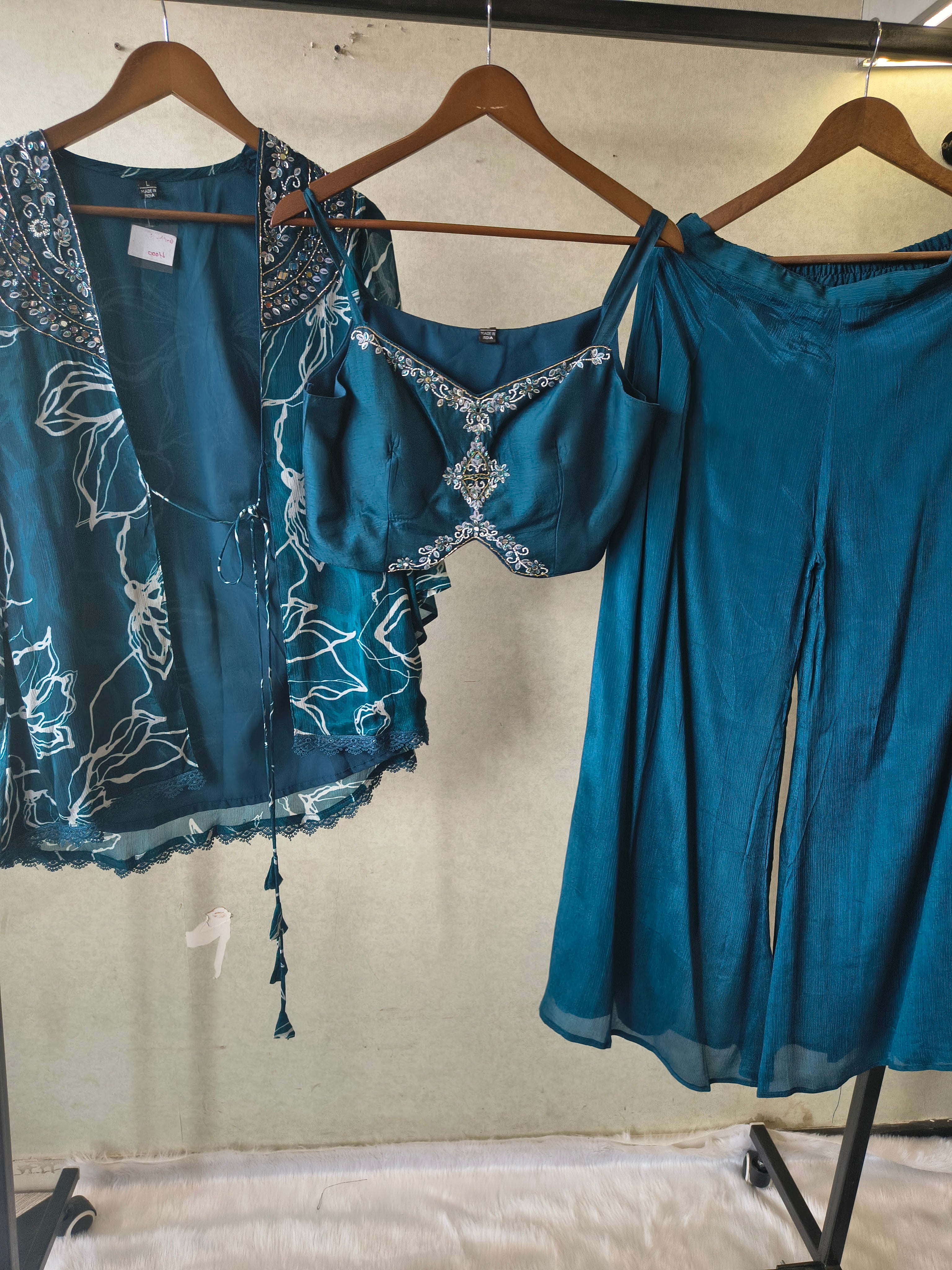 Image of Teal Printed Shrug with Embroidered Designer Bralette & Flared Palazzo – 3 Piece Indo-Western Co-Ord Set