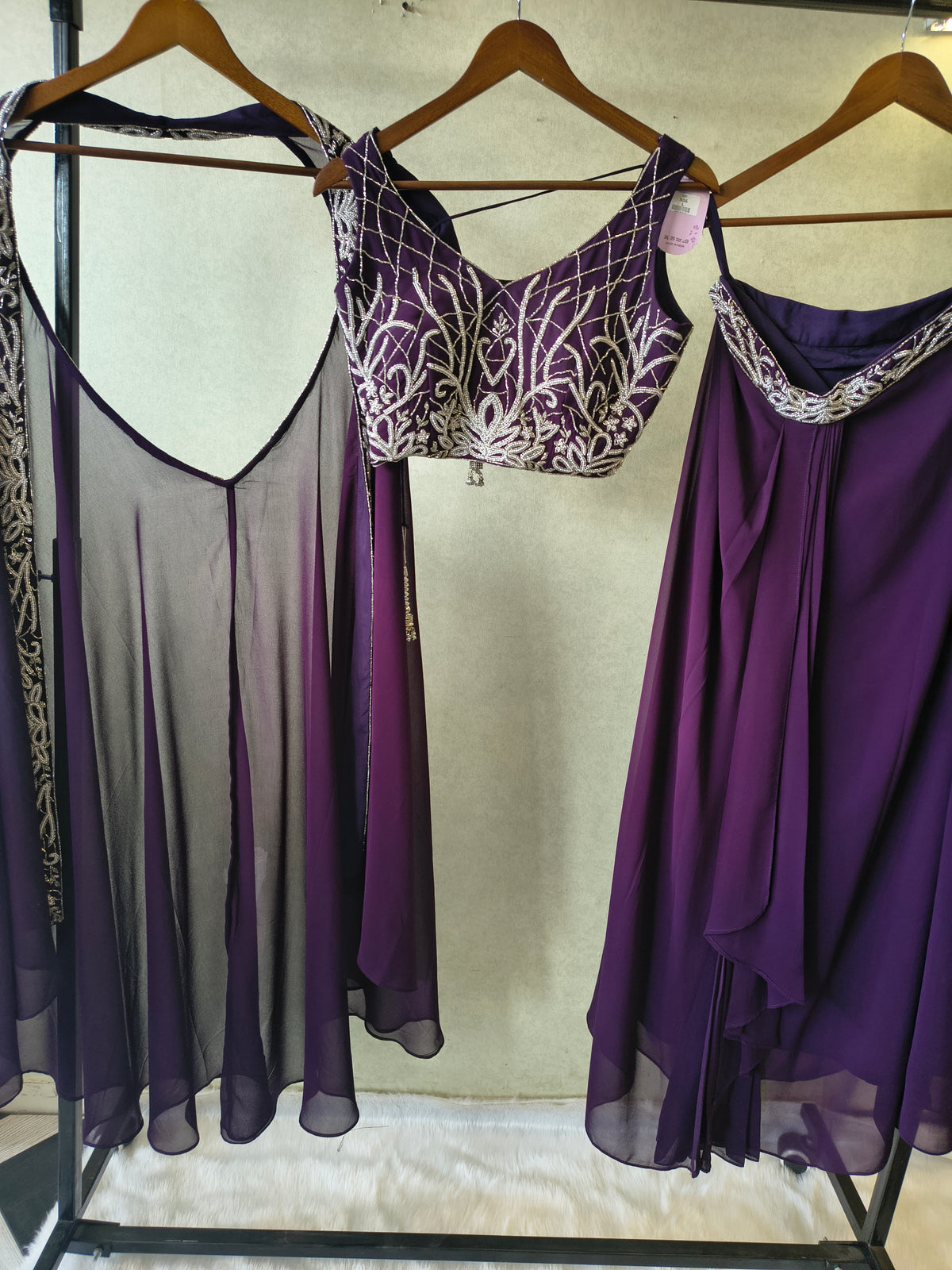Royal Purple Embroidered Designer Blouse with Drape Palazzo & Embroidered Cape – 3 Piece Indo-Western Party Wear Set