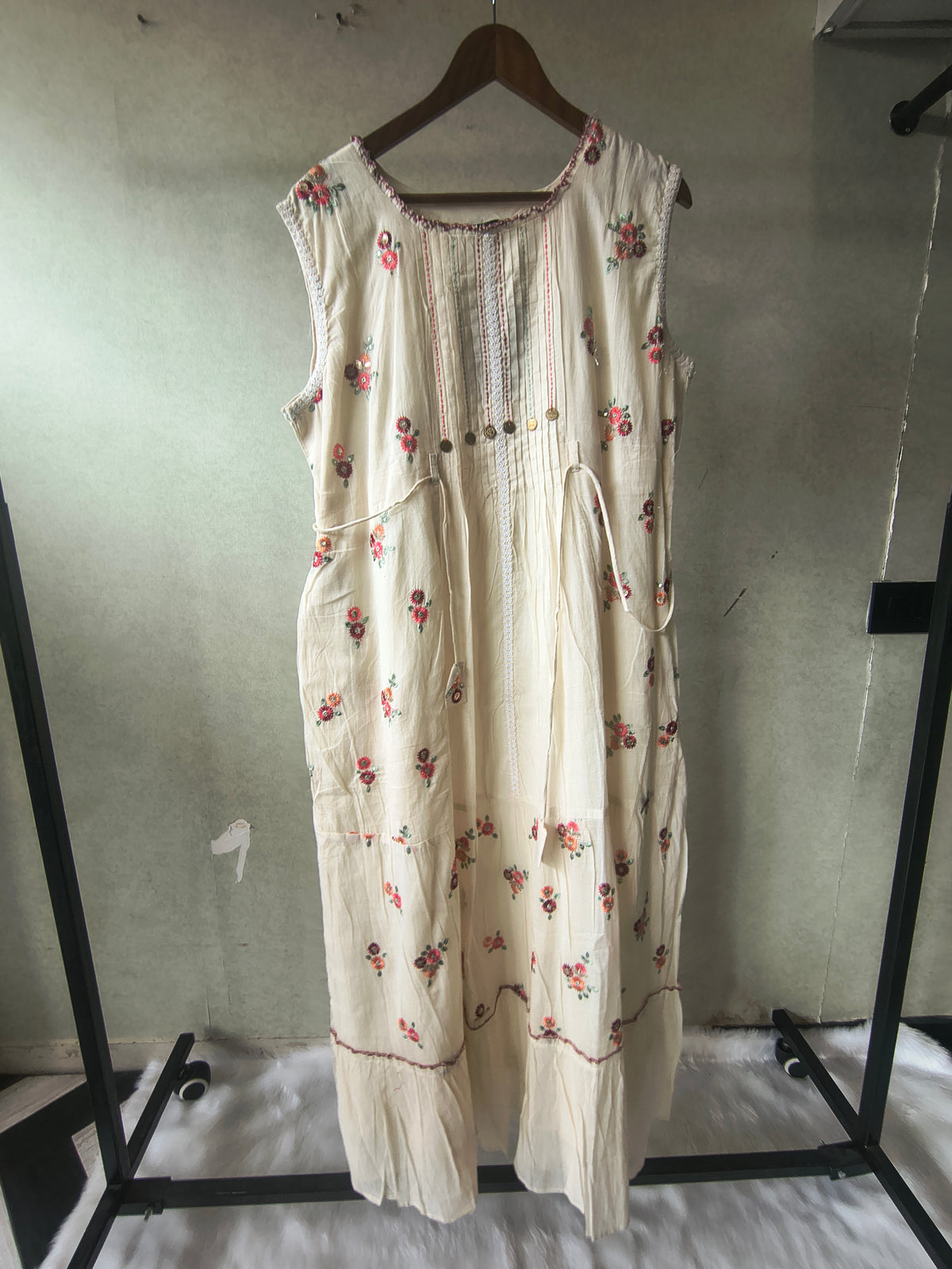 Premium Ivory Floral Embroidered Sleeveless Tiered Maxi Dress with Pintuck Detailing