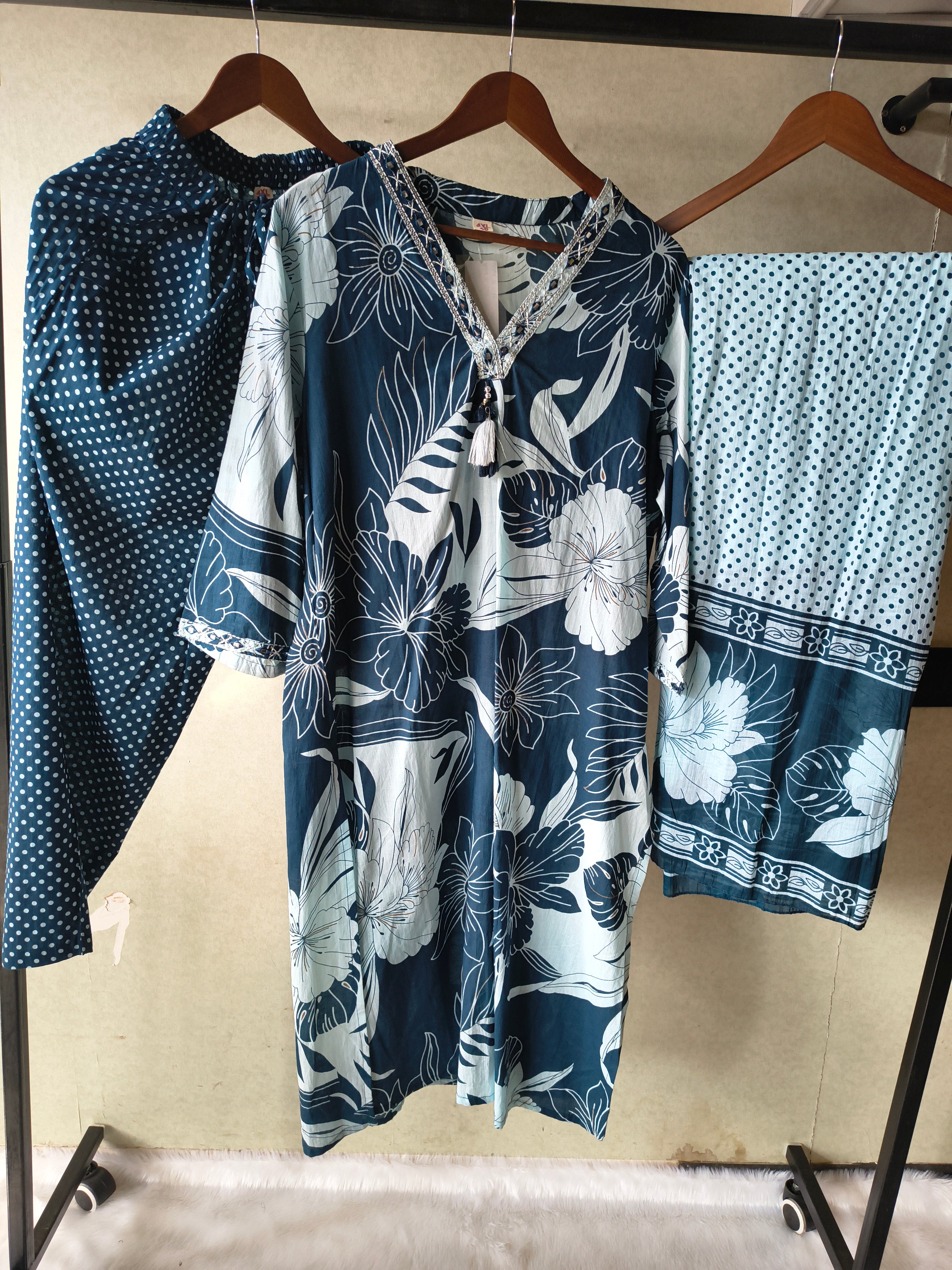 Image of Premium Navy Blue Floral Printed Kurta Set with Polka Dot Pants & Printed Dupatta
