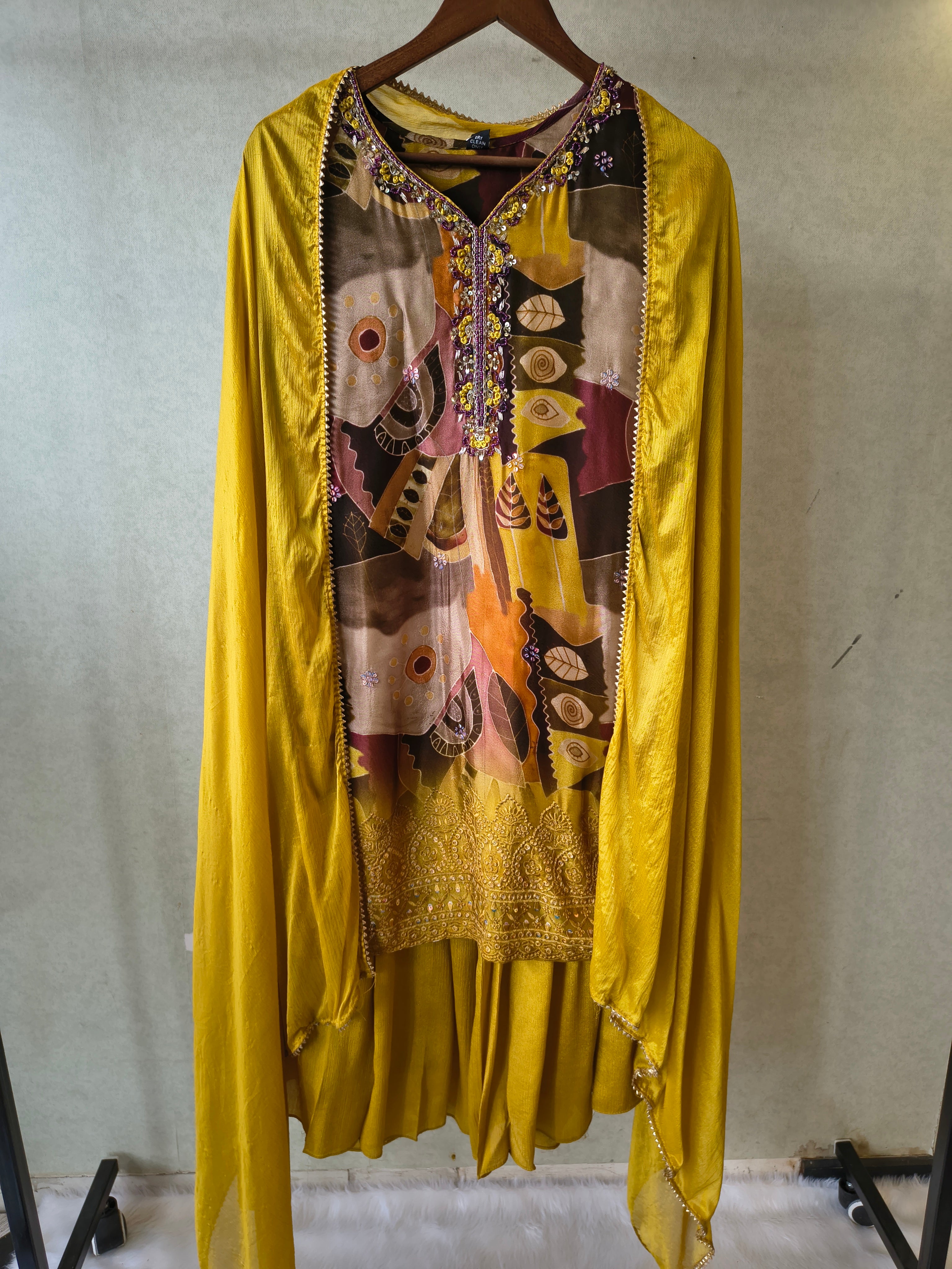 Image of Premium Mustard Abstract Printed Kurta with Sharara & Dupatta Set