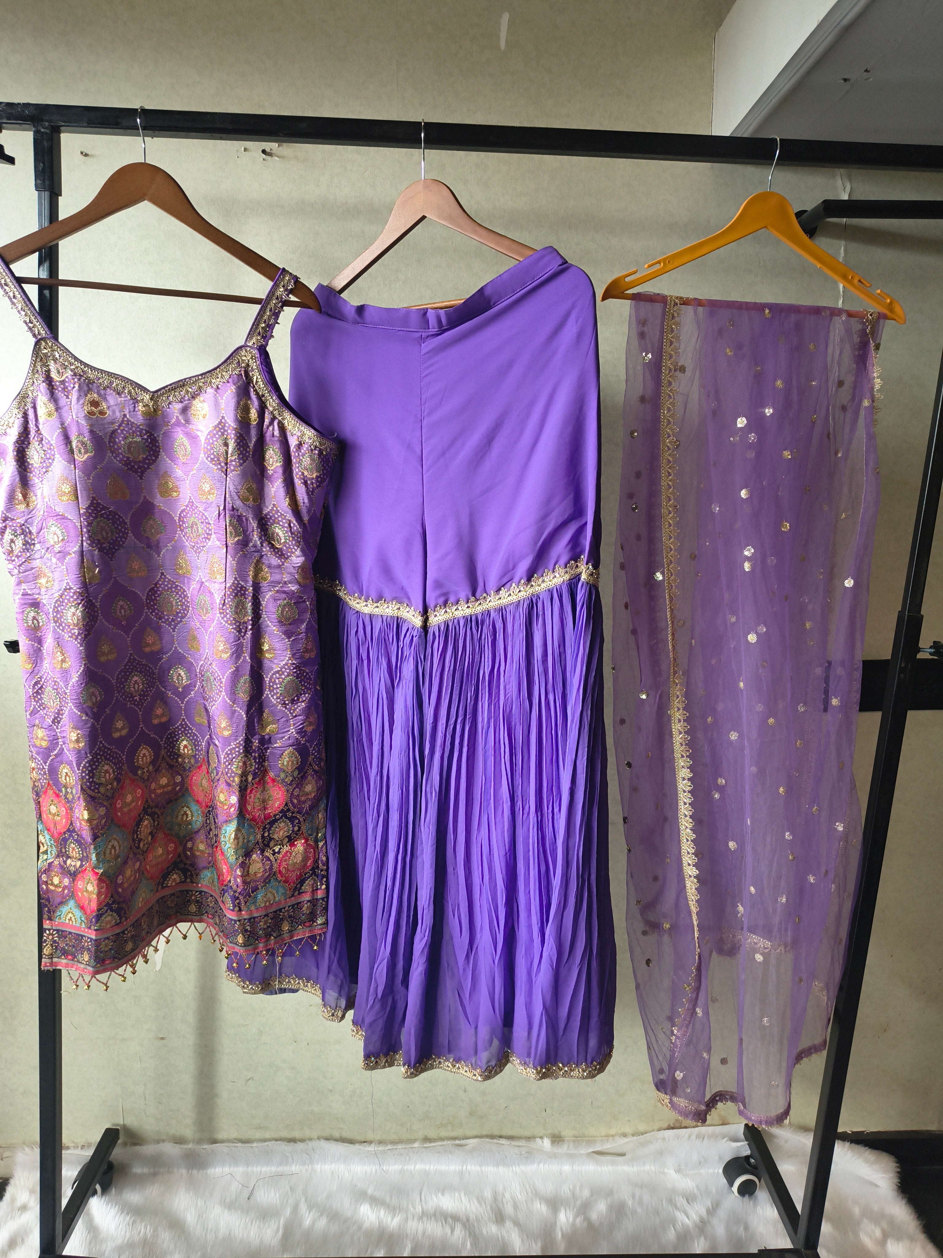 Image of Lavender Brocade Kurti Sharara Set with Sequinned Dupatta – Premium 3 Piece Festive Ensemble