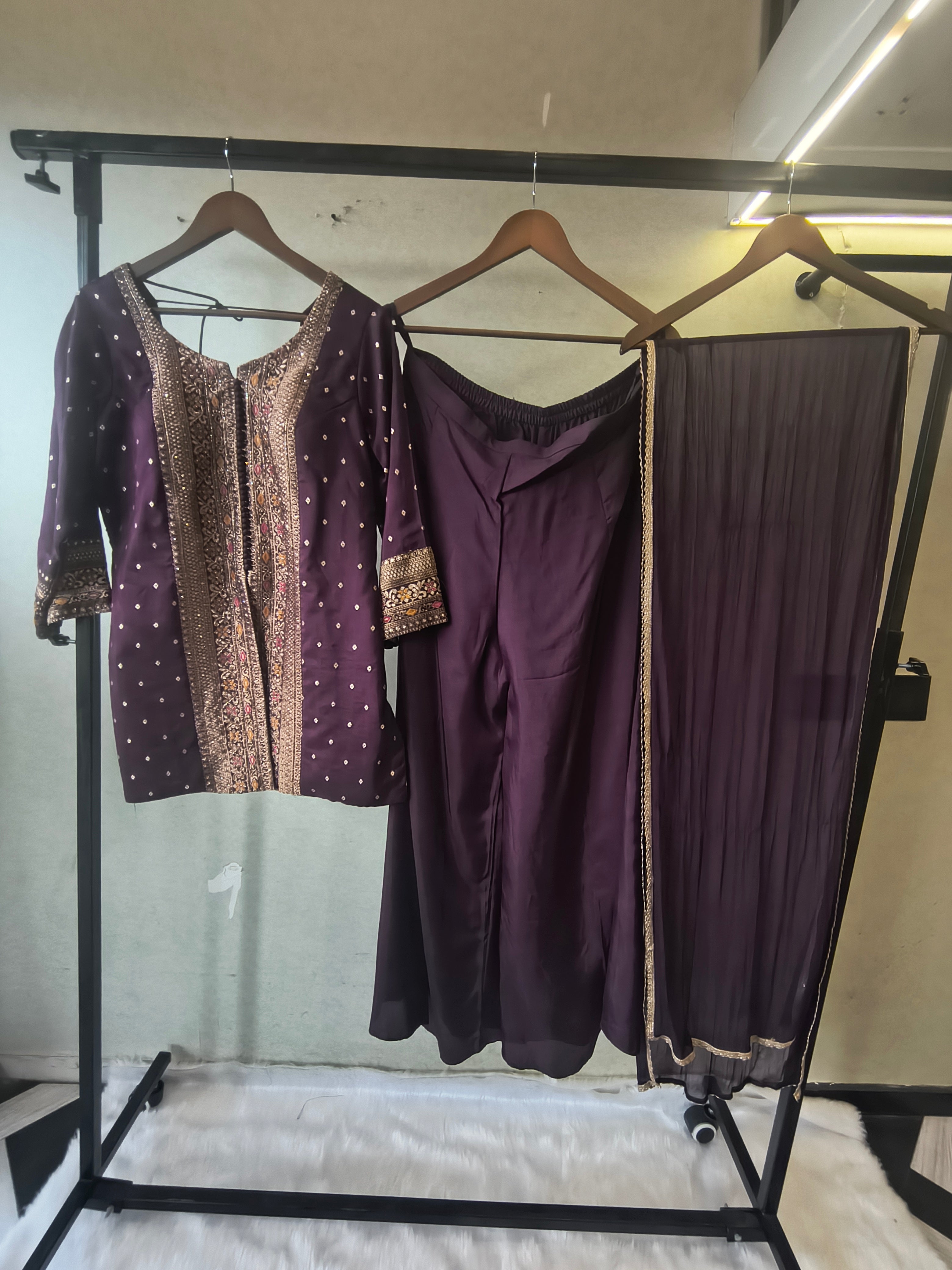 Image of Royal Purple Embroidered Straight Kurta Set with Flared Palazzo & Pleated Dupatta – Designer 3 Piece Festive Ensemble
