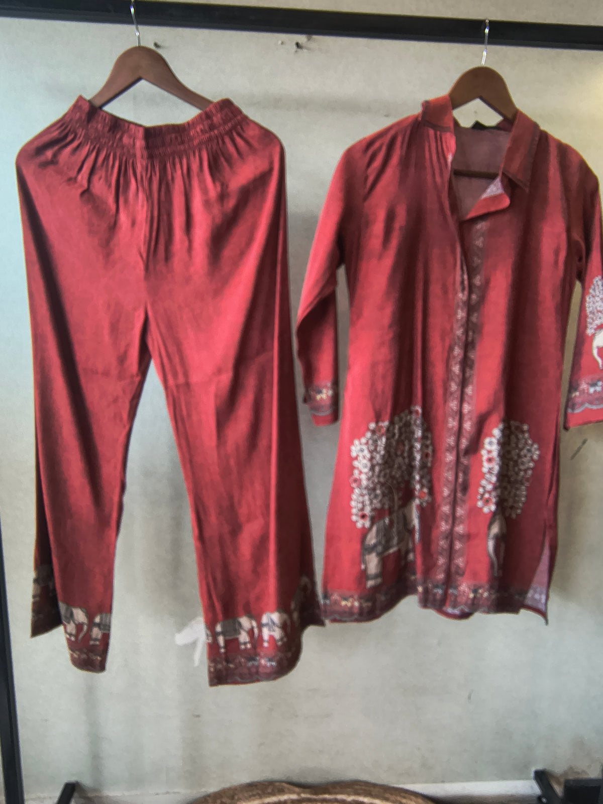 Rust Red Elephant Print Designer Co-Ord Set with Asymmetrical Hem