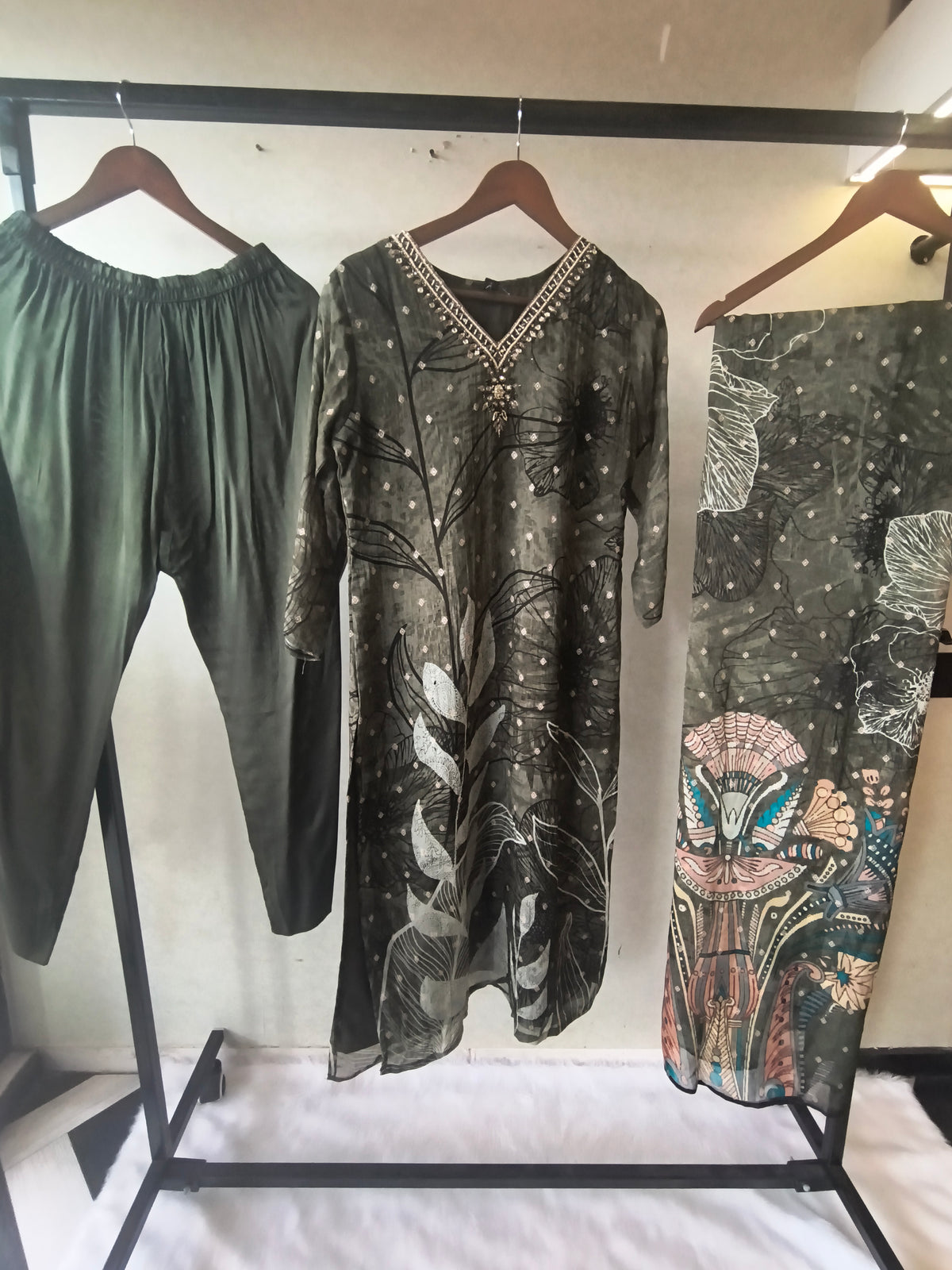 Premium Olive Botanical Print Straight Kurta with Cigarette Pants & Dupatta Set