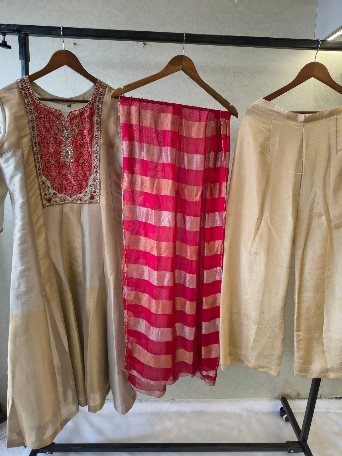 Ivory Embroidered Designer Kurta Set with Pink Striped Organza Dupatta | Premium 3 Piece Ethnic Suit