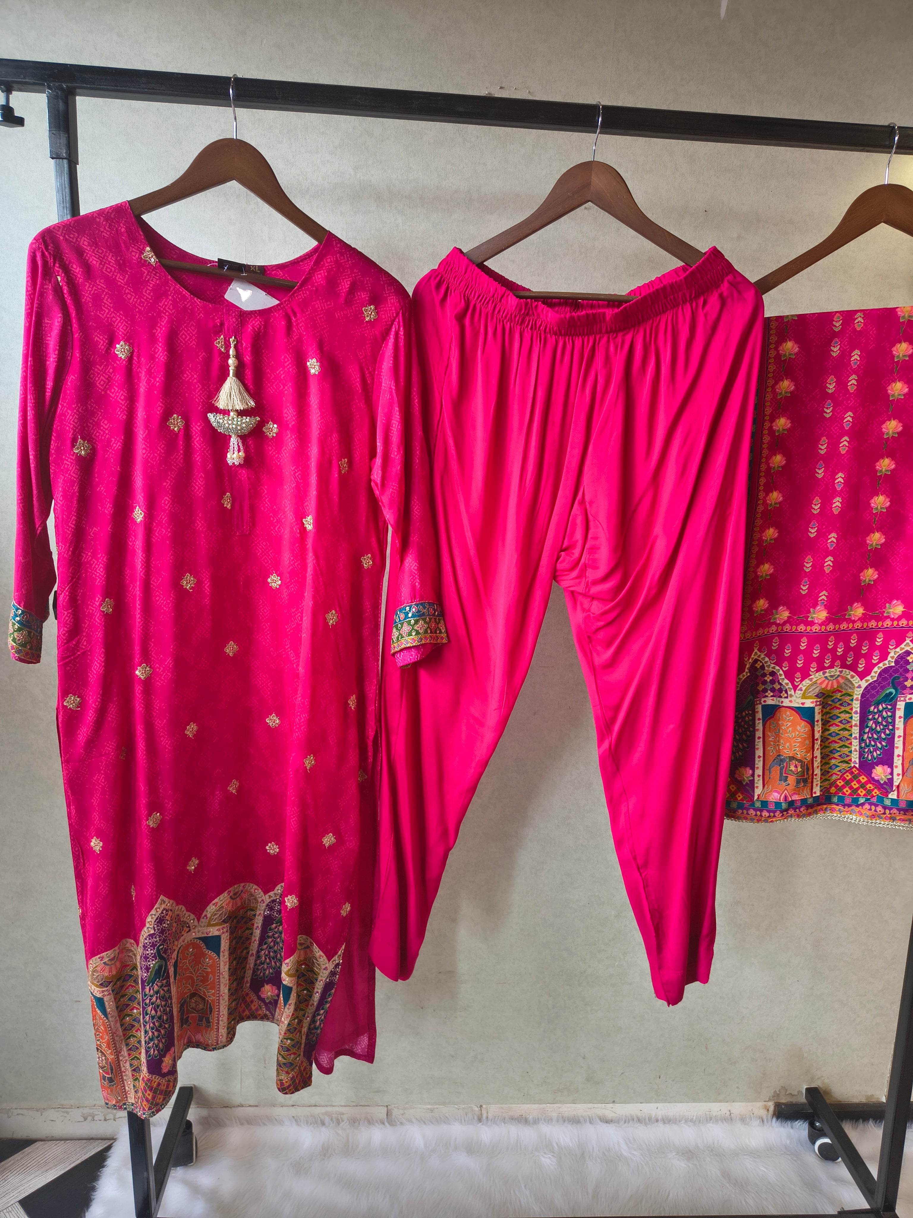 Image of Premium Rani Pink Printed Straight Kurta with Cigarette Pants & Dupatta Set