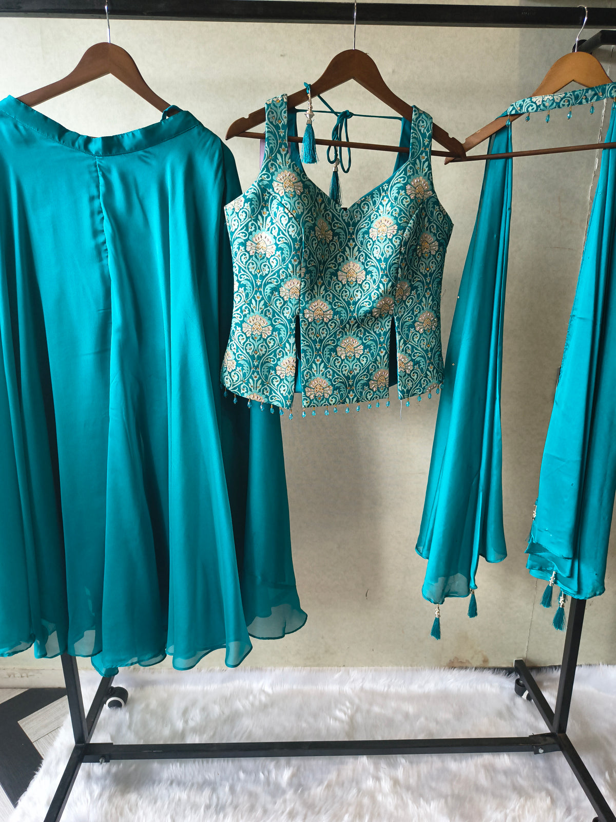 Premium Turquoise Blue 3-Piece Designer Lehenga Set with Brocade Embroidered Blouse & Tassel Dupatta
