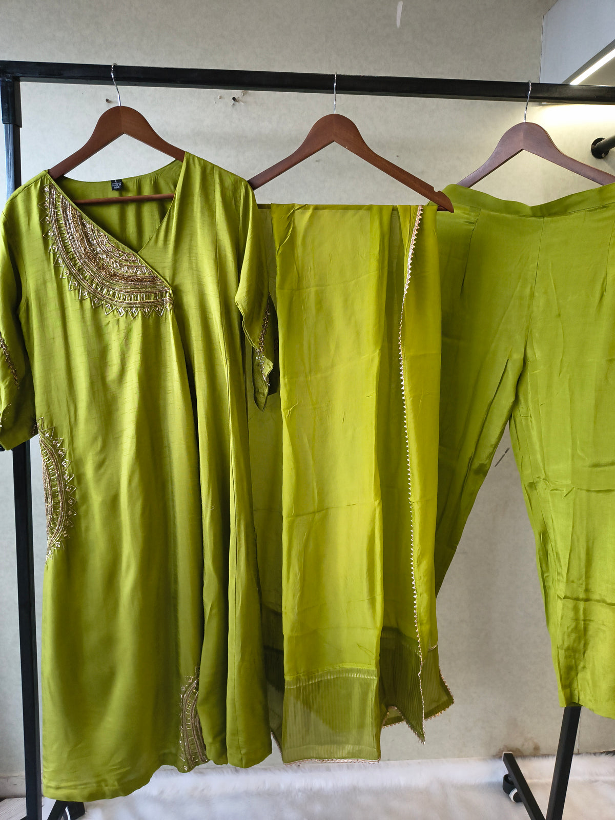 Lime Green Hand-Embroidered Designer Kurta Set with Organza Dupatta | Premium 3 Piece Ethnic Suit