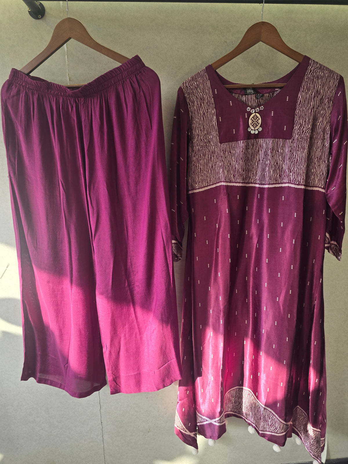 Plum Dotted Print Kurta Pant Set