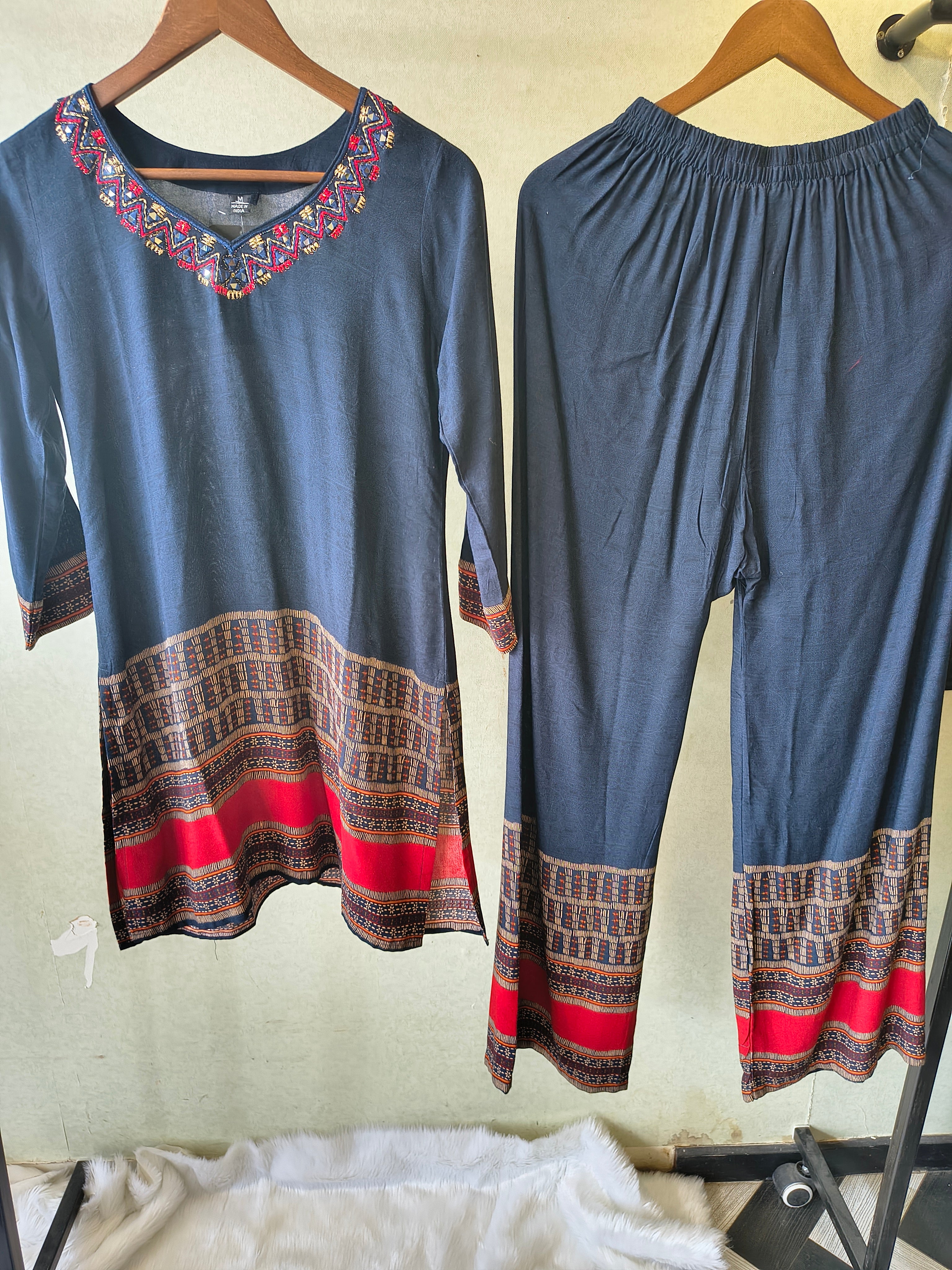Image of Navy Blue Ethnic Border Designer Co-Ord Set with Embroidered Neckline