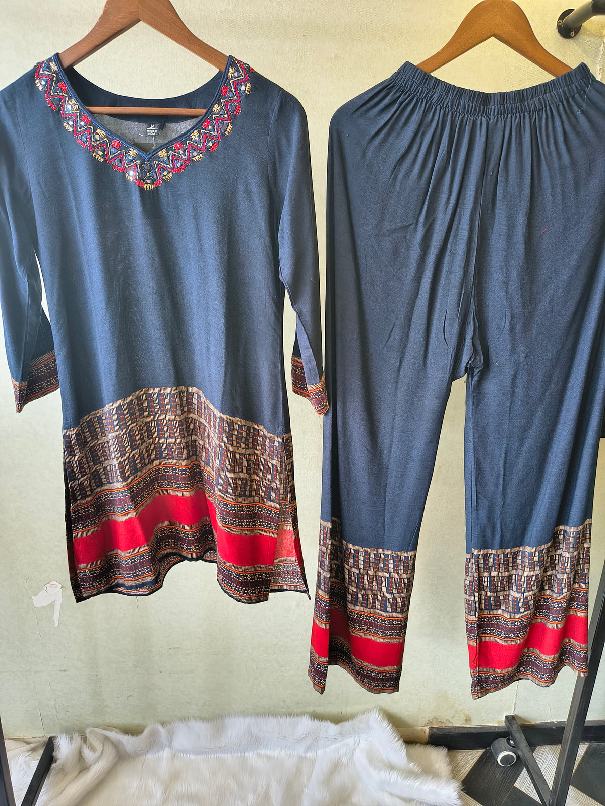 Navy Blue Ethnic Border Designer Co-Ord Set with Embroidered Neckline