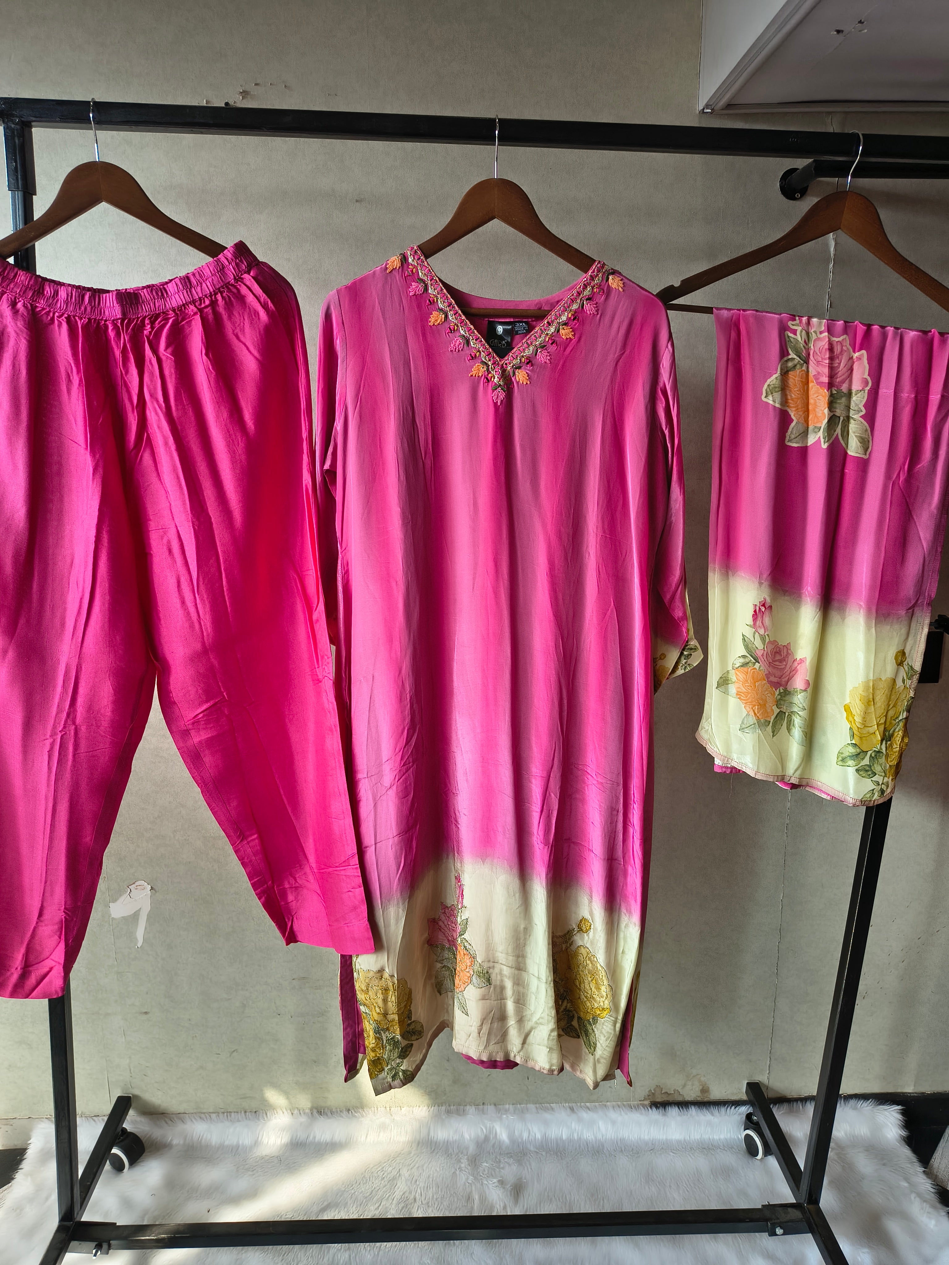 Image of Premium Fuchsia Pink Floral Embroidered Kurta Set with Printed Dupatta