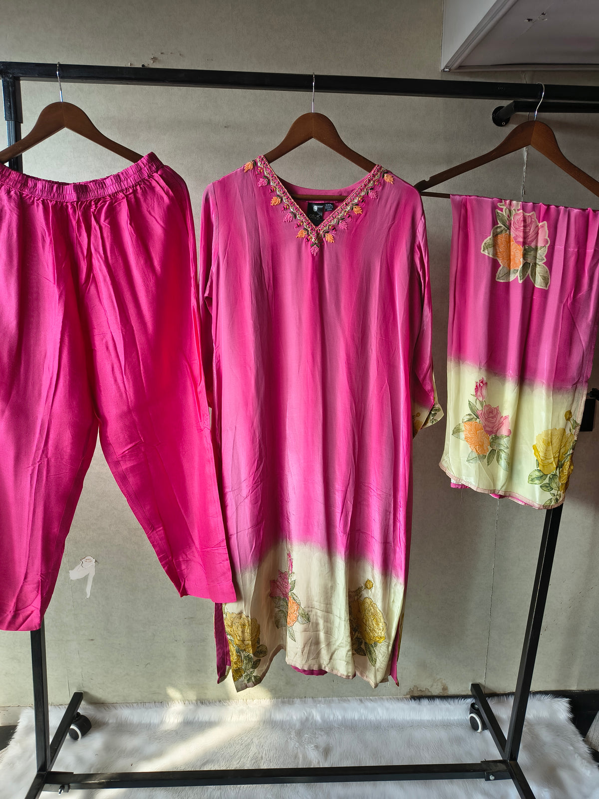 Premium Fuchsia Pink Floral Embroidered Kurta Set with Printed Dupatta