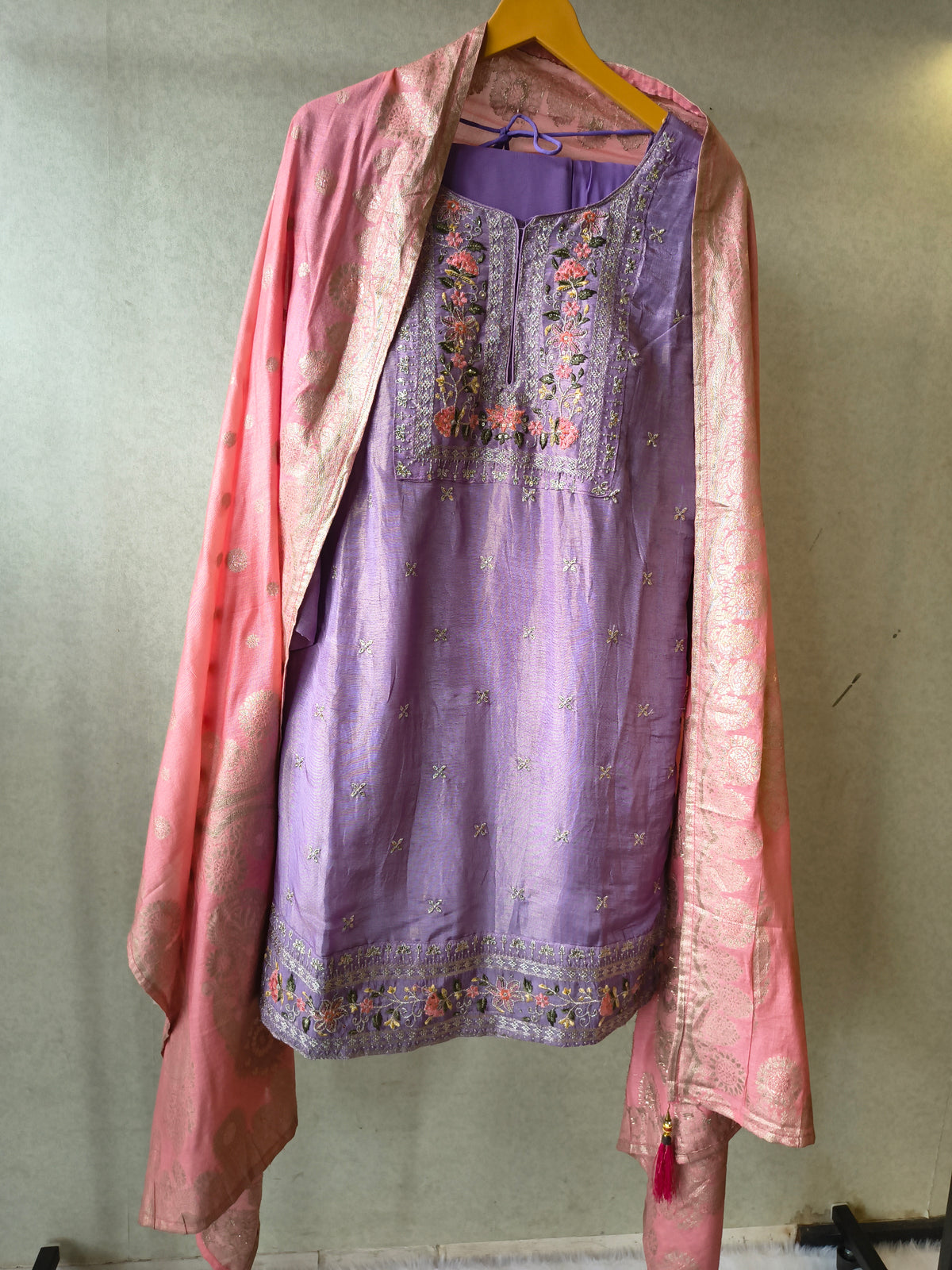 Premium Lavender Embroidered Kurta with Sharara & Banarasi Dupatta Set
