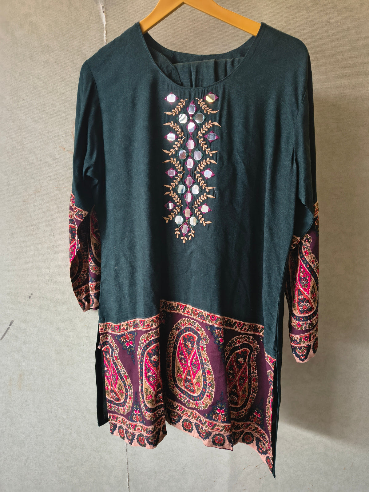 Premium Teal Mirror Work Printed Kurta Pant Co-Ord Set