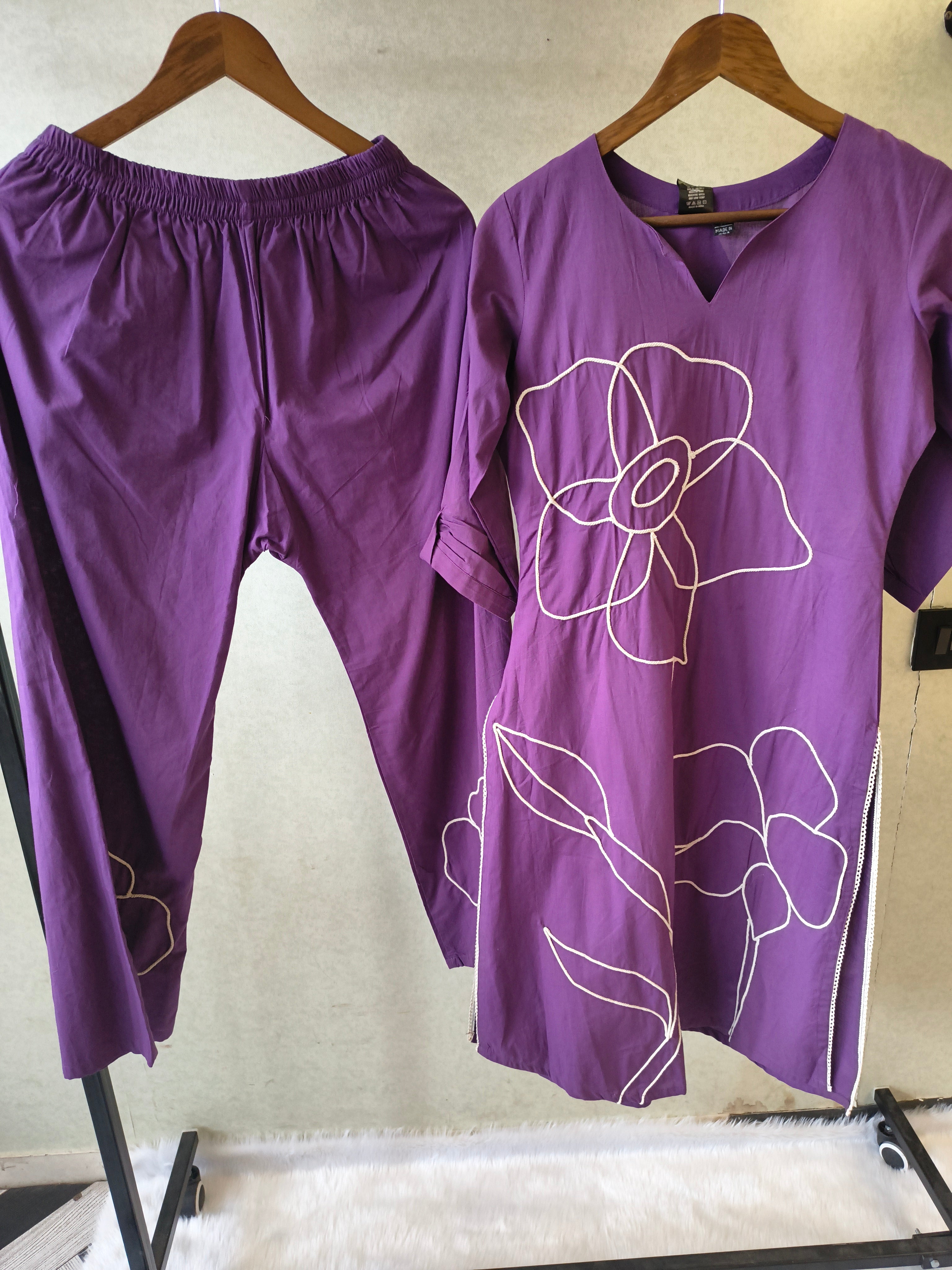 Image of Royal Purple Floral Embroidered Cotton Kurta Set with Straight Pants