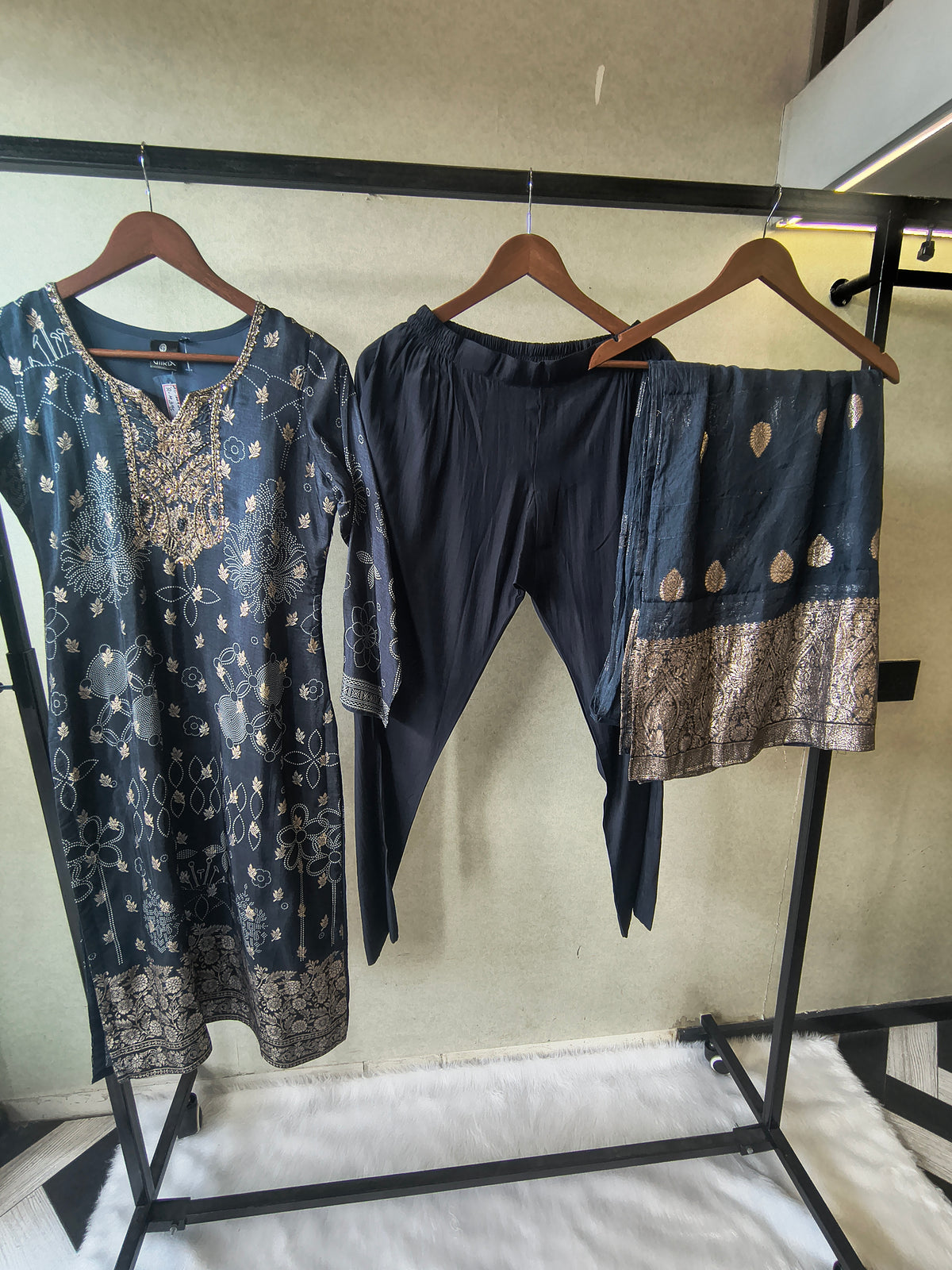 Premium Midnight Blue Zari Printed Kurta Set with Banarasi Dupatta