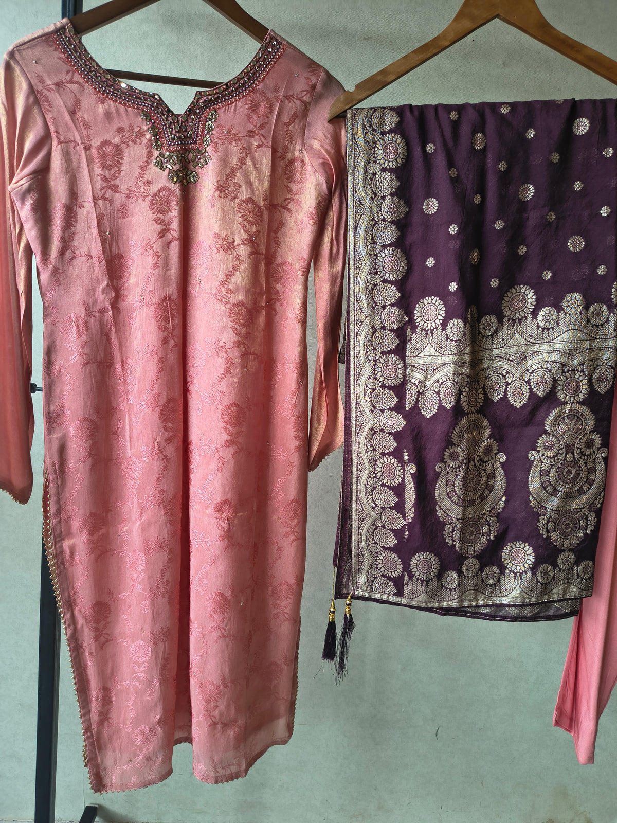 Premium Dusty Rose Jacquard Silk Kurta Set with Banarasi Woven Dupatta & Straight Pants